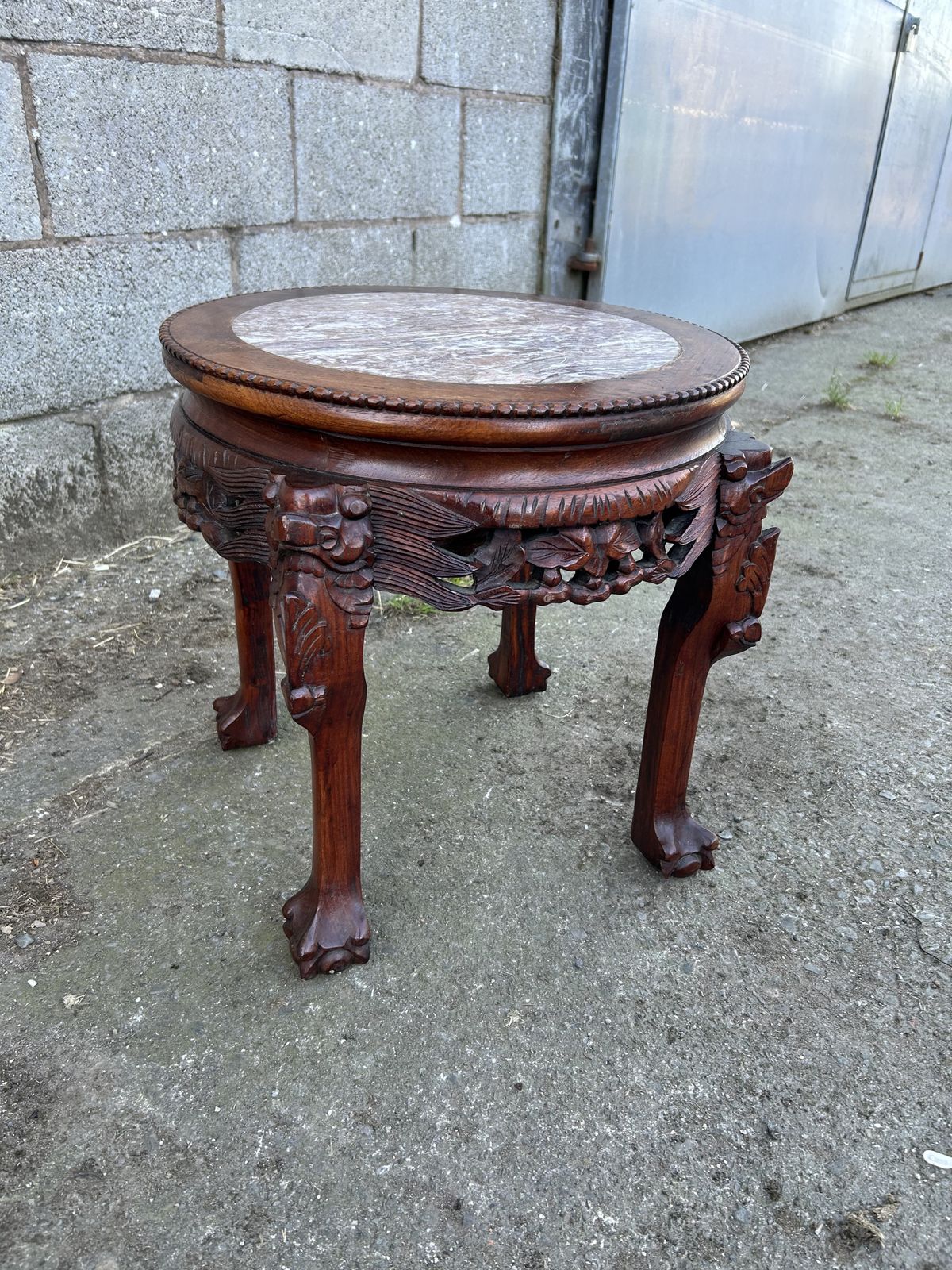 Chinese Mahogany Carved Plant Stand With Marble Top photo vintage