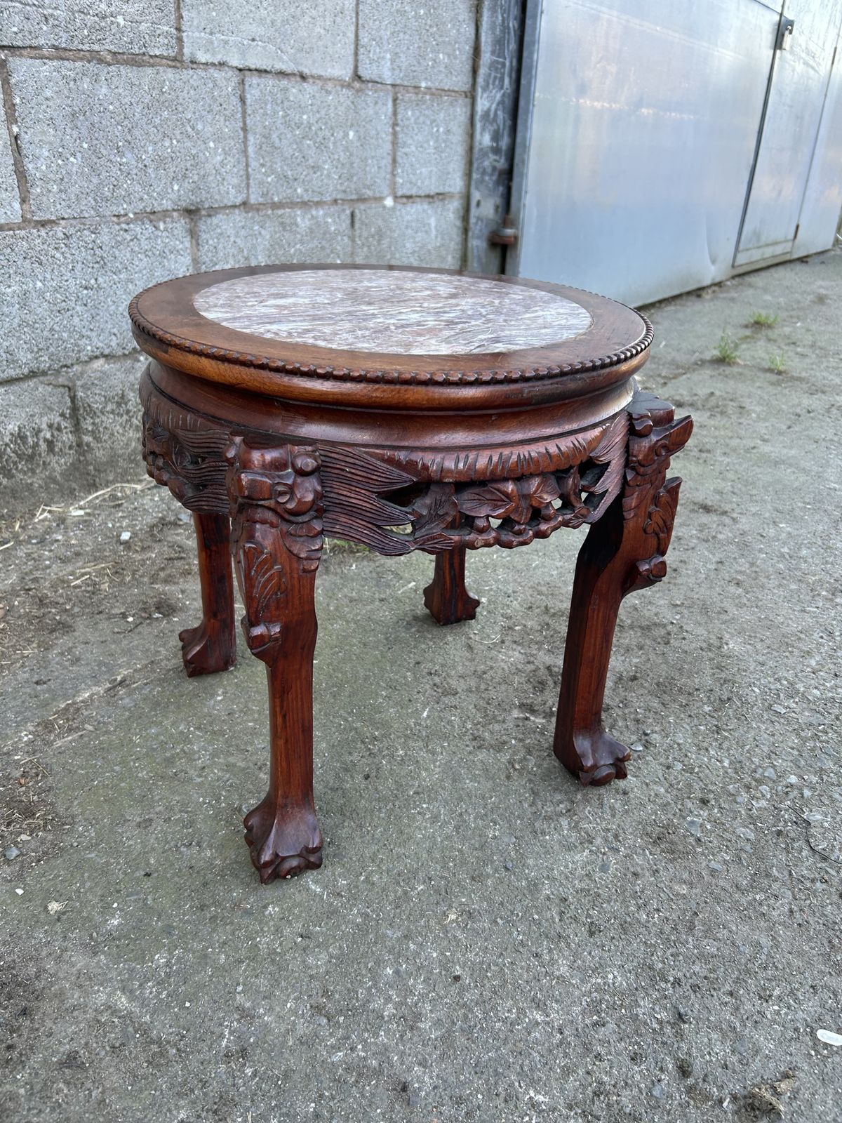 Chinese Mahogany Carved Plant Stand With Marble Top