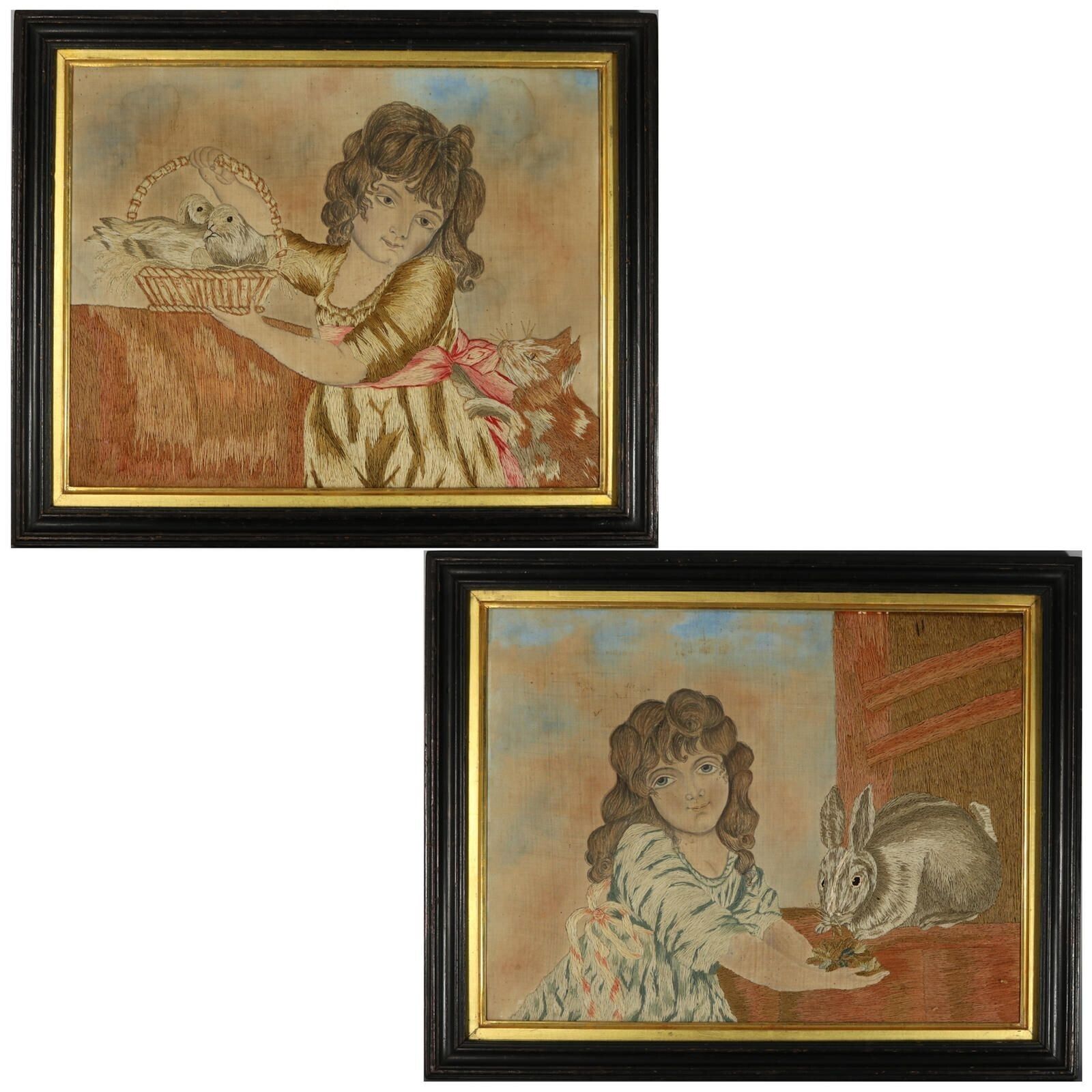 Pair Georgian Woolwork Embroidered Pictures Of Girls With Pets
