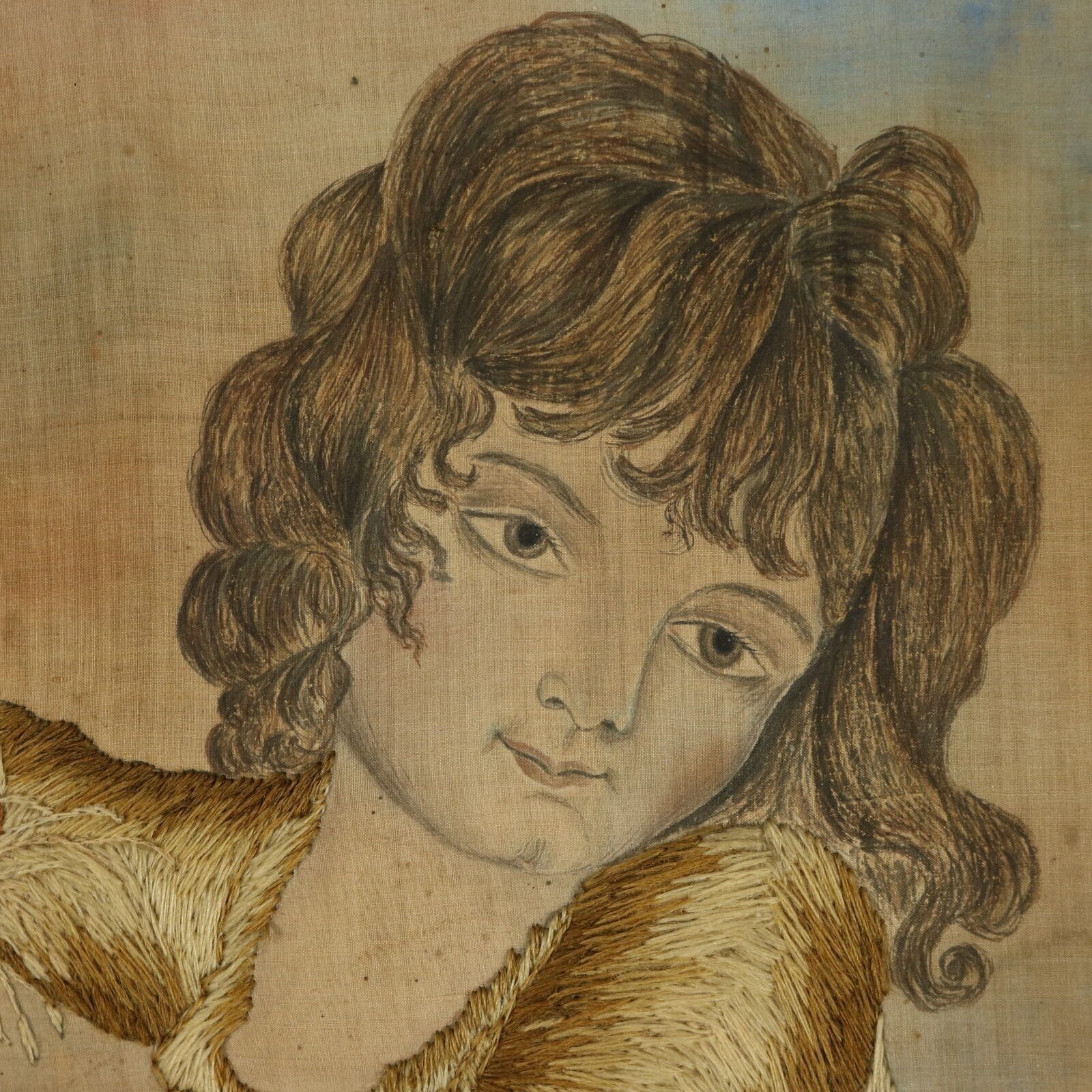 Pair Georgian Woolwork Embroidered Pictures Of Girls With Pets photo Textiles