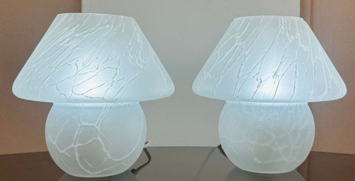 Pair Of 1970s German Frosted Matt White Glass Mushroom Table Lamps Style Of Peill & Putzler photo furniture