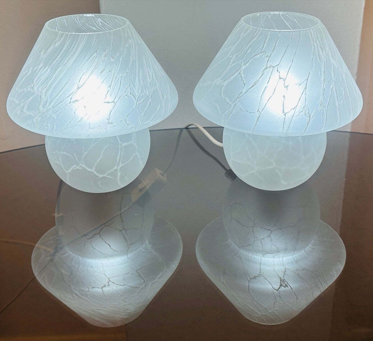Pair Of 1970s German Frosted Matt White Glass Mushroom Table Lamps Style Of Peill & Putzler photo for sale