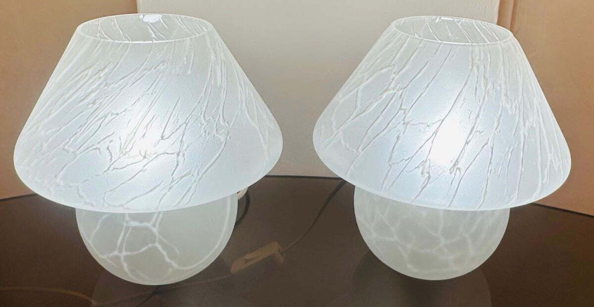 Pair Of 1970s German Frosted Matt White Glass Mushroom Table Lamps Style Of Peill & Putzler photo vinterior