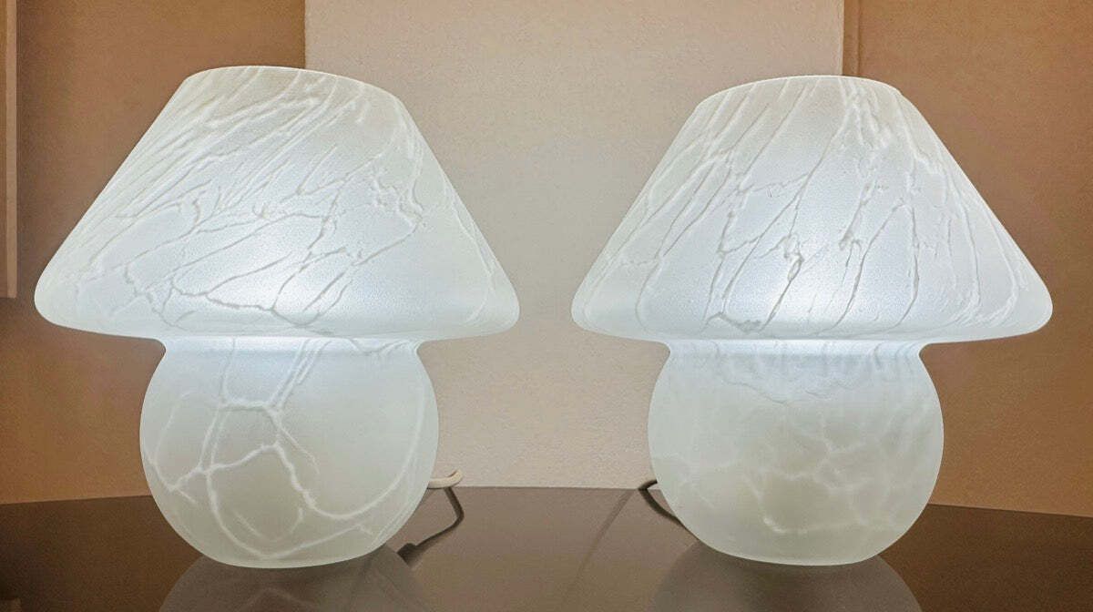 Pair Of 1970s German Frosted Matt White Glass Mushroom Table Lamps Style Of Peill & Putzler photo buy
