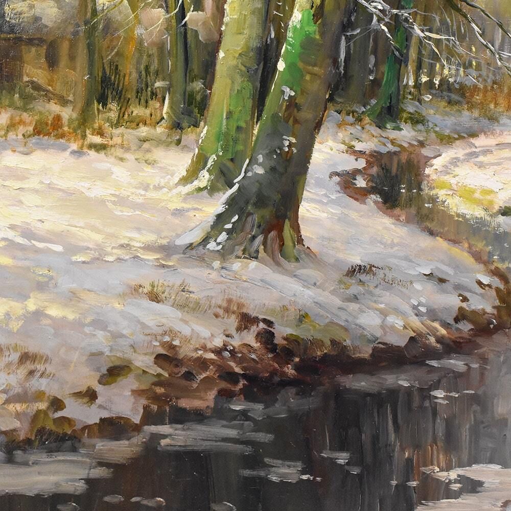 Landscape Painting Under Woods With Snow, Antique Oil Landscape Painting With Forest, Oil On Canvas, Art Deco. (Qp529) photo for sale