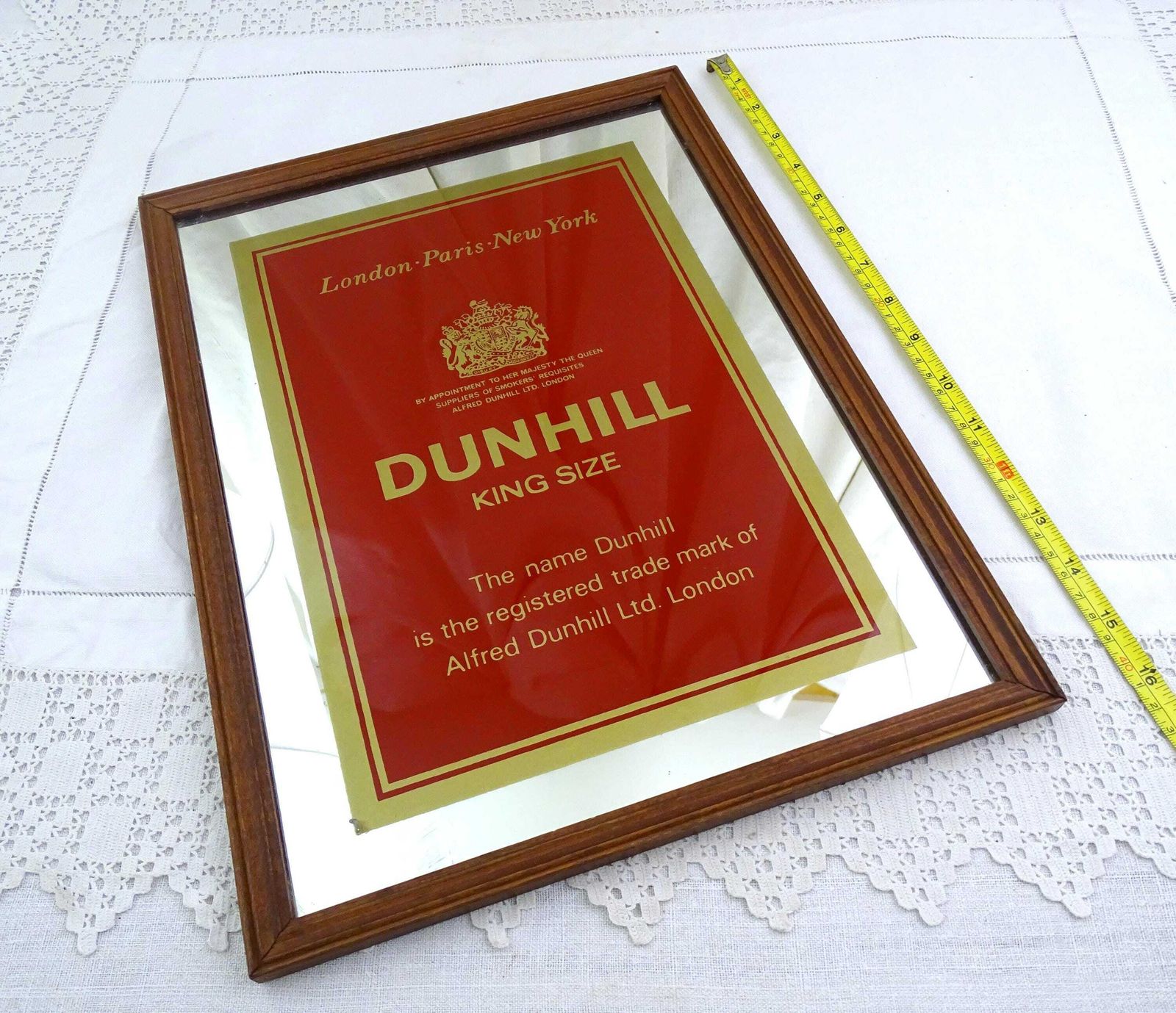 Large Vintage Dunhill Advertising Framed Mirror With Red And Gold Logo, Retro Promotional Wall Art Wooden Frame, 60s Smoking Collectibles photo Art