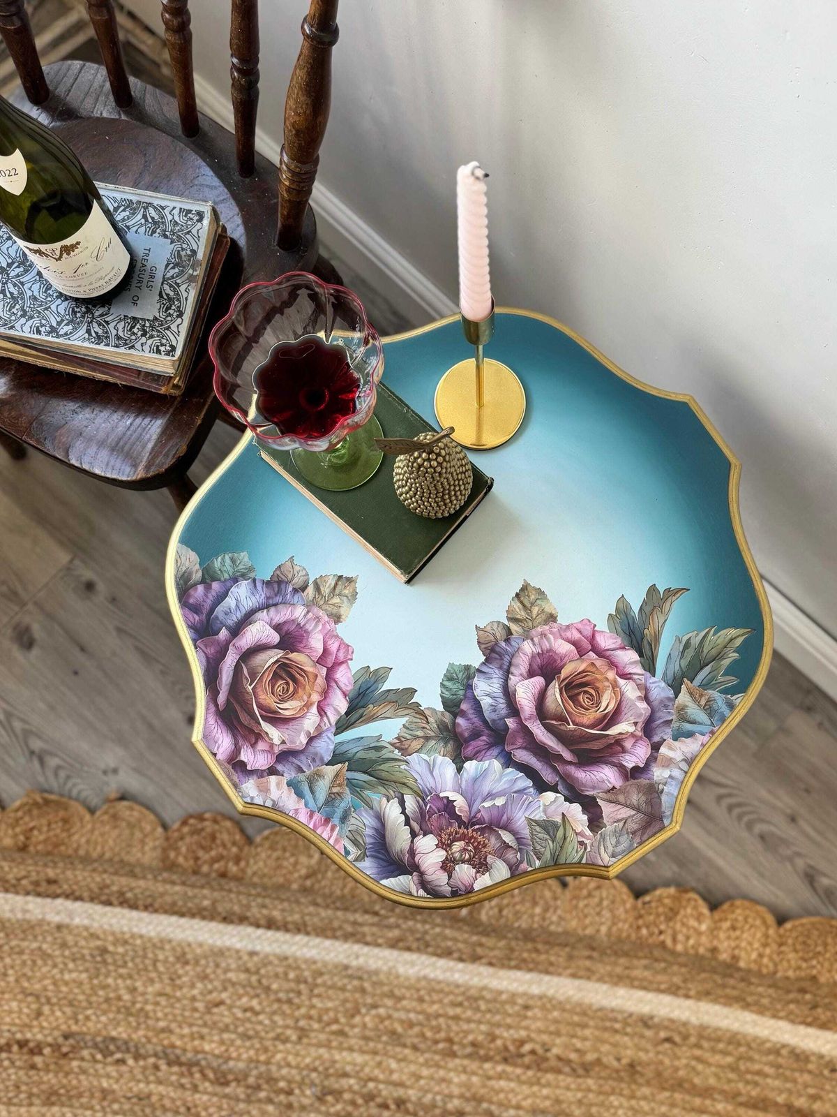 Vintage Side Table Painted Blue With Floral And Gold Detail, Lamp Table, Teal photo furniture