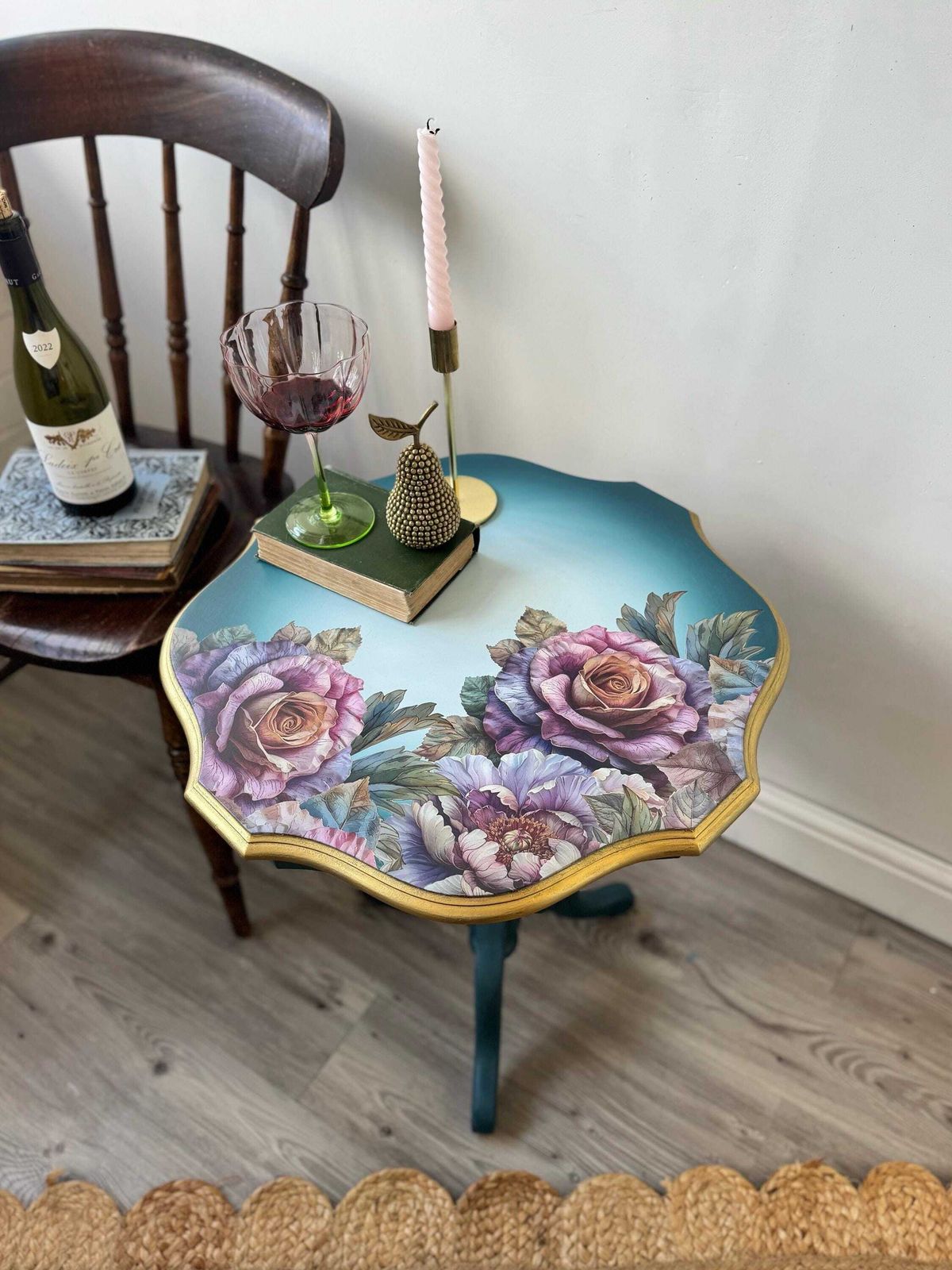 Vintage Side Table Painted Blue With Floral And Gold Detail, Lamp Table, Teal photo vintage