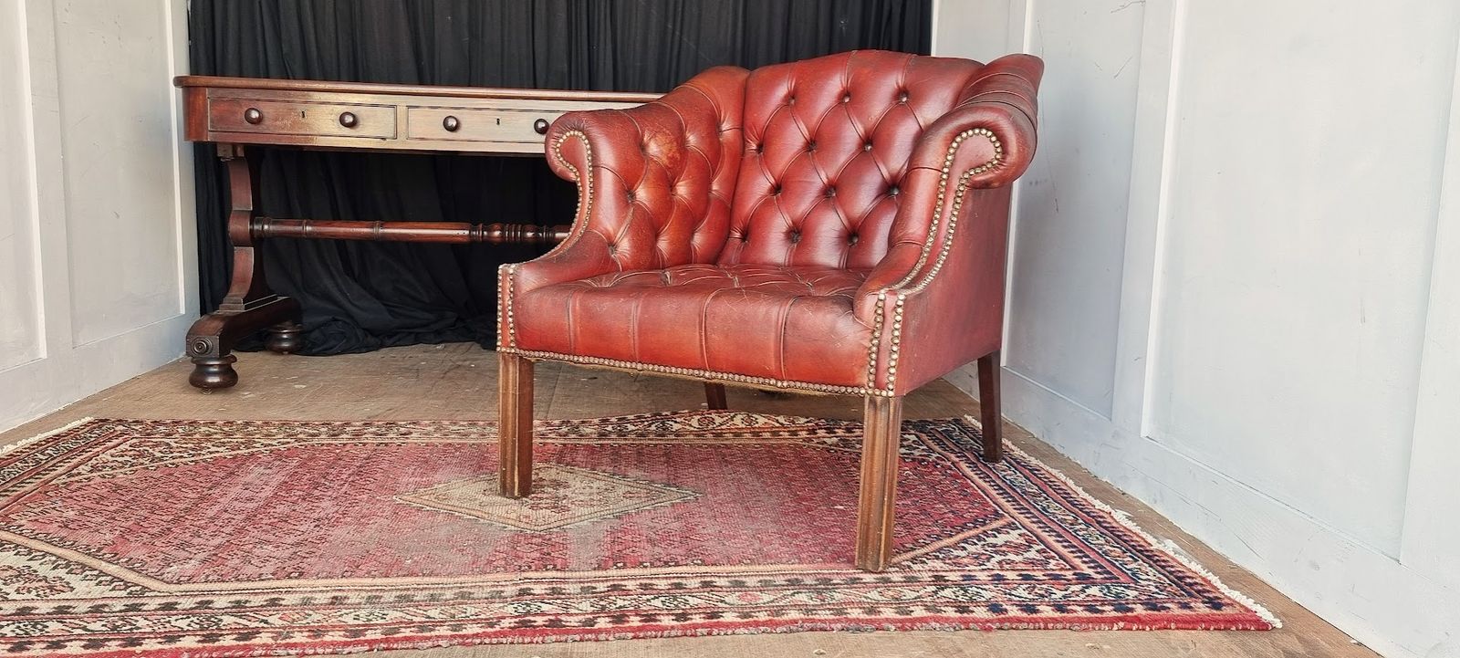 19th Century Ox Blood Red Leather Button Back Club Armchair. photo furniture