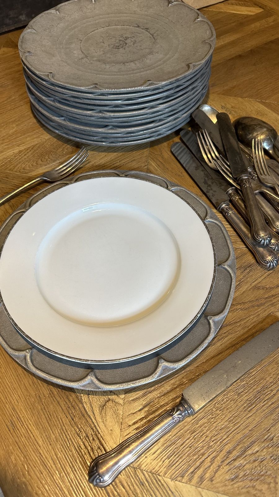 Fabulous Set Of 12 French Antique Pewter Charger Plates – From A French Chateau photo furniture