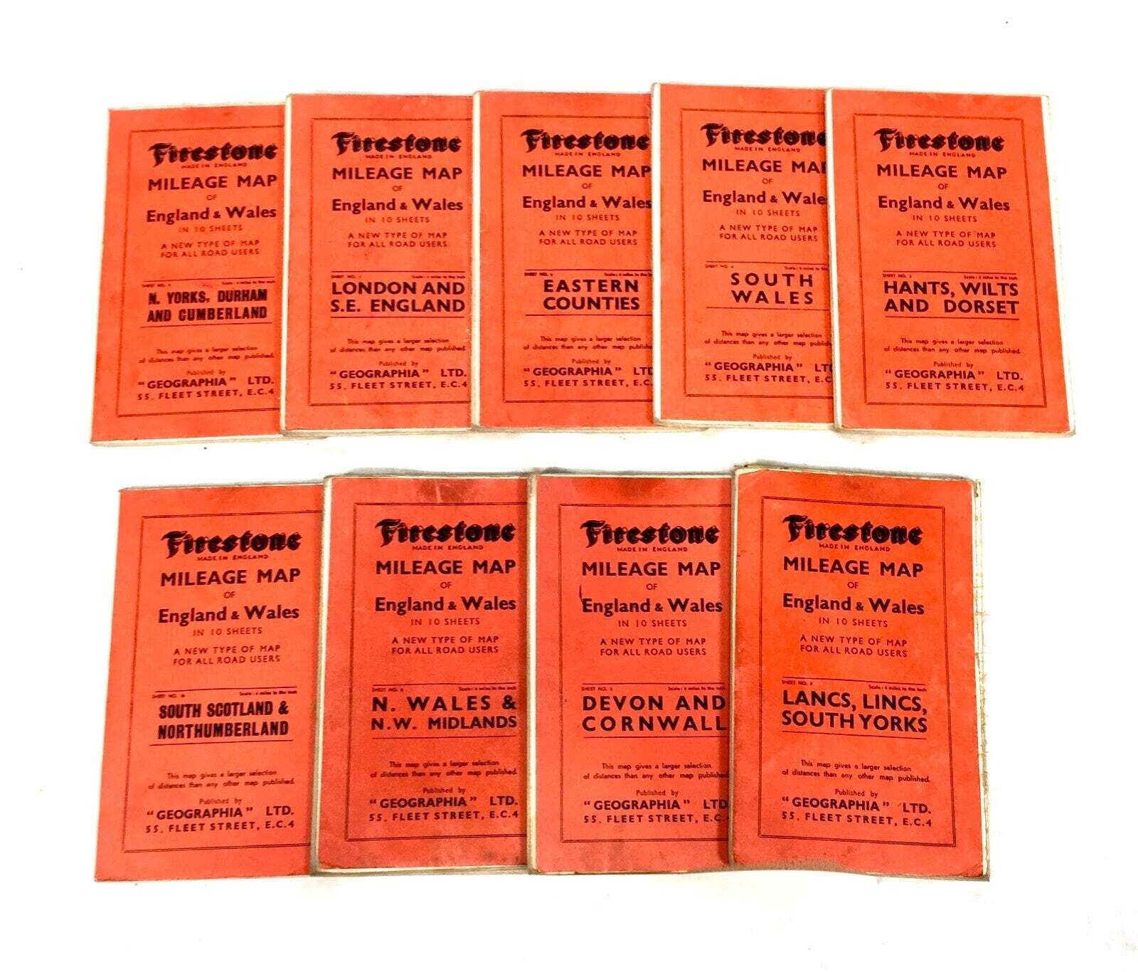 Antique Leather Cased Set Of Firestone Mileage Maps For England & Wales C.1910 photo Art