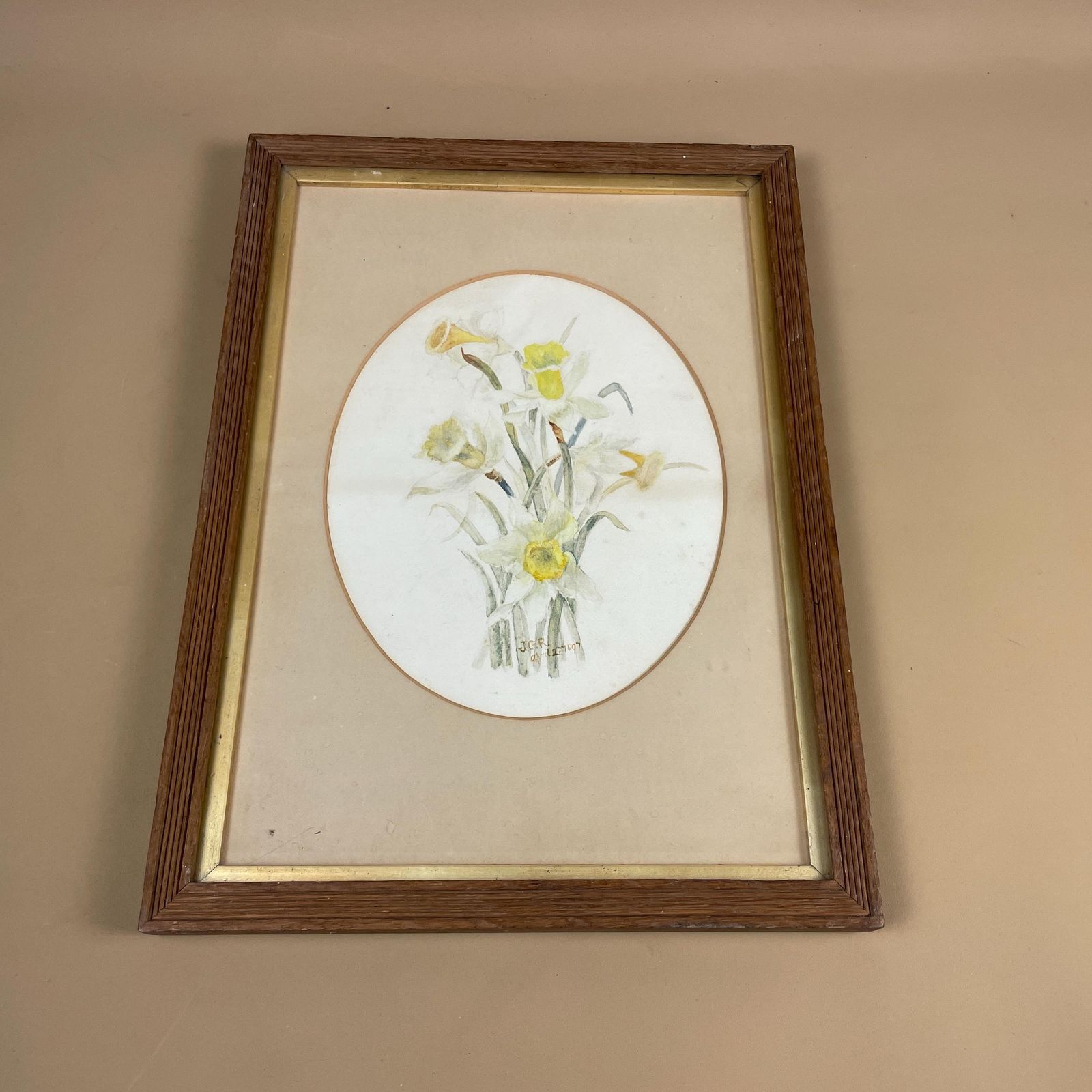 Antique Watercolour Painting J.G.R 1897 Floral Dandelion Wooden Frame Rectangle Portrait Painted Art Original Wall Art Oval Mounted photo furniture