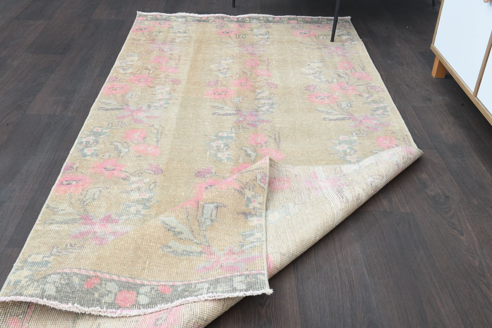 3'5x8'1 Ft, Floral Beige Vintage Turkish Runner, Rugged Kitchen Rug, Runners Stairs, Farmhouse Decor, Washable, Eclectic, Handmade Oushak Rugs, Wool