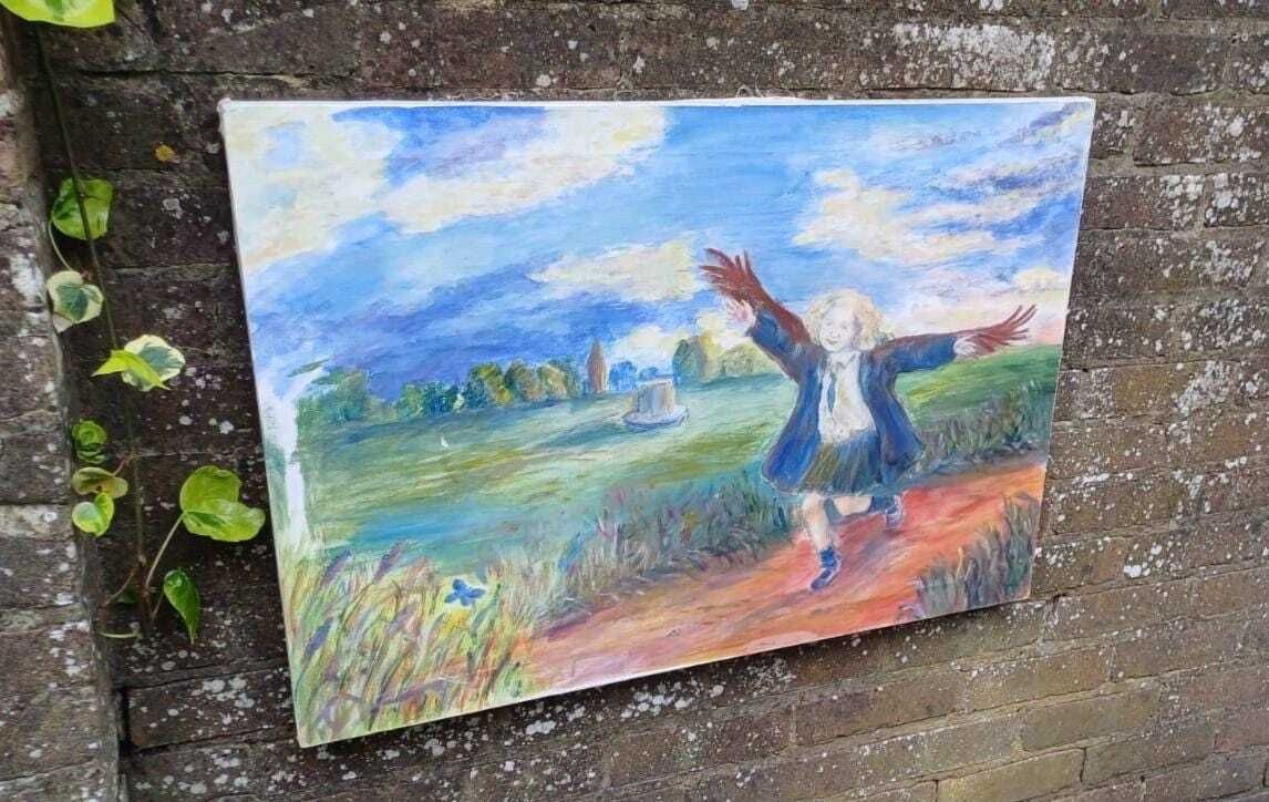 Original Acrylic Painting On Canvas Of Joyful Child Running In Nature | Whimsical Icarus Inspired Art | Impressionist Painting 81 X 59cm photo furniture