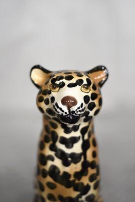 Italian Mid Century Modern Ceramic Sculpture Of A Seated Leopard, 1970s photo vinterior