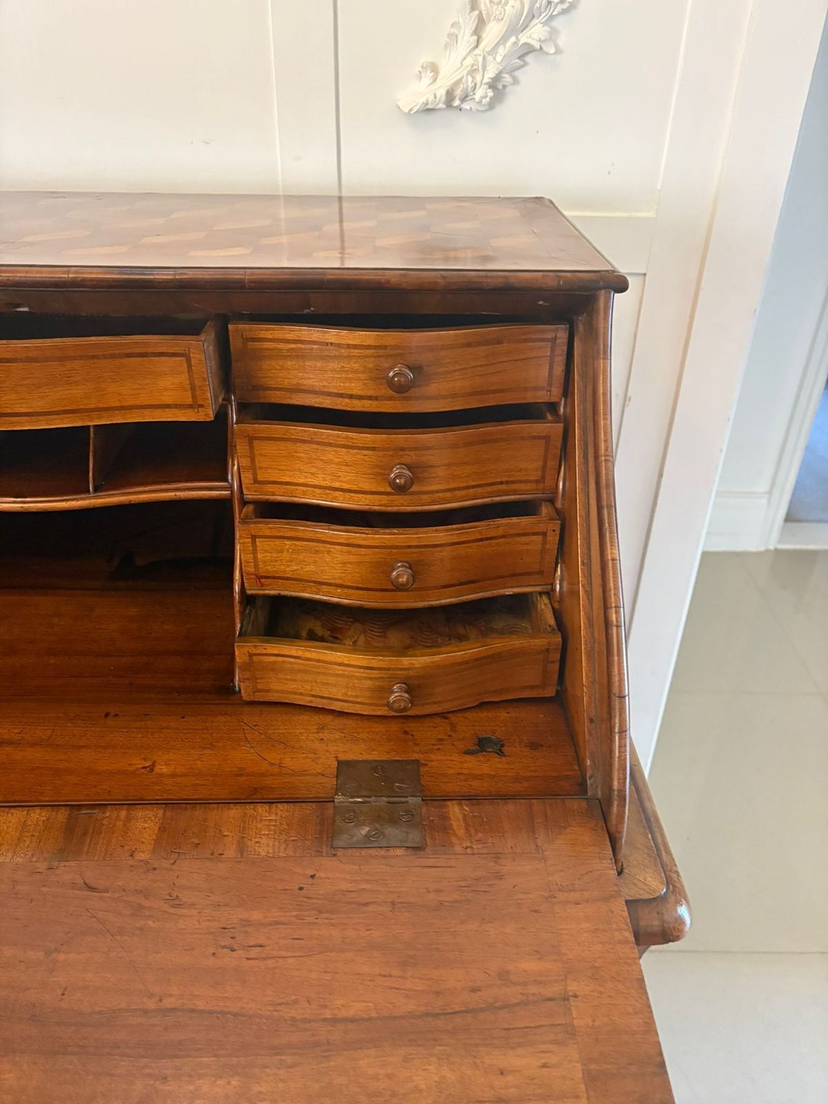 Furniture Outstanding Quality Antique 18th Century French Walnut Inlaid Parquetry Bombe Shaped Bureau photo