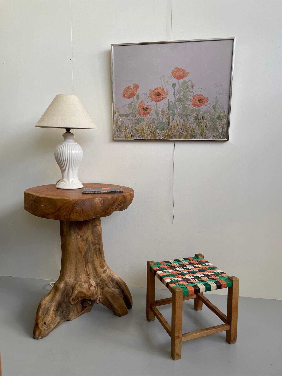 80s Needlework Art Of Poppies And Grass In A Muted Blue Grey Scene By Mary Boughey