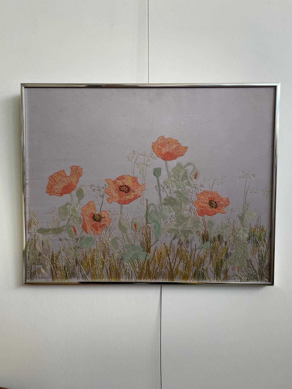 80s Needlework Art Of Poppies And Grass In A Muted Blue Grey Scene By Mary Boughey photo for sale