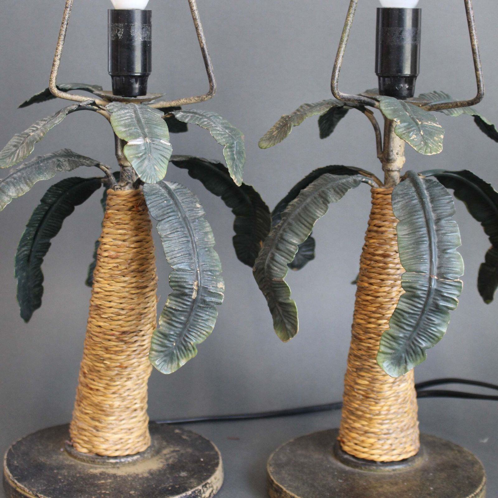 photo for sale Pair Of Mid Century French Tôle Palm Tree Table Lamps (Circa 1960s)