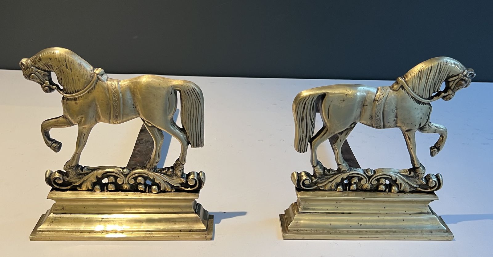 photo buy Pair Of Bronze Horse Andirons, 1970s