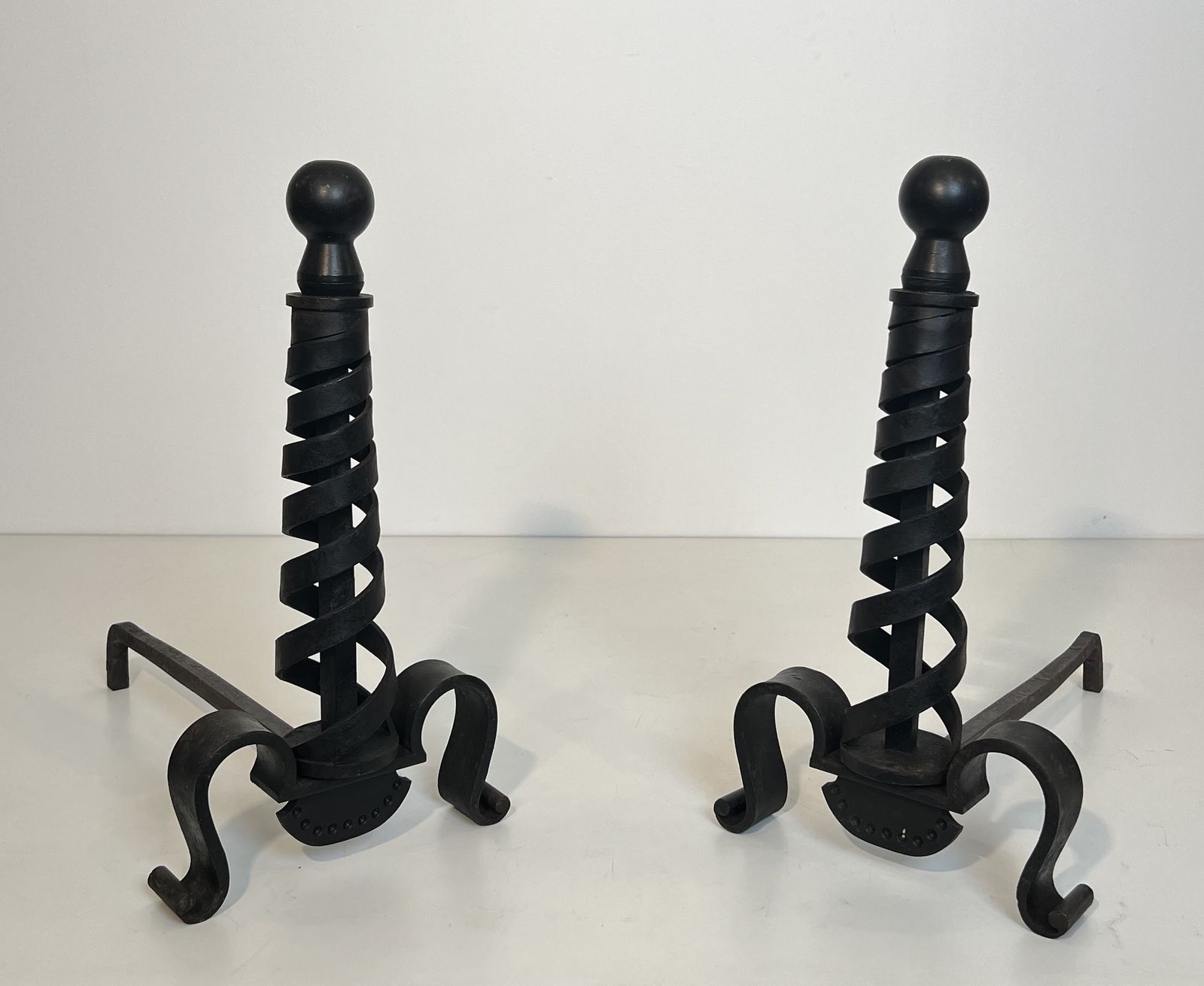 Pair Of Modernist Wrought Iron Andirons By Raymond Subes