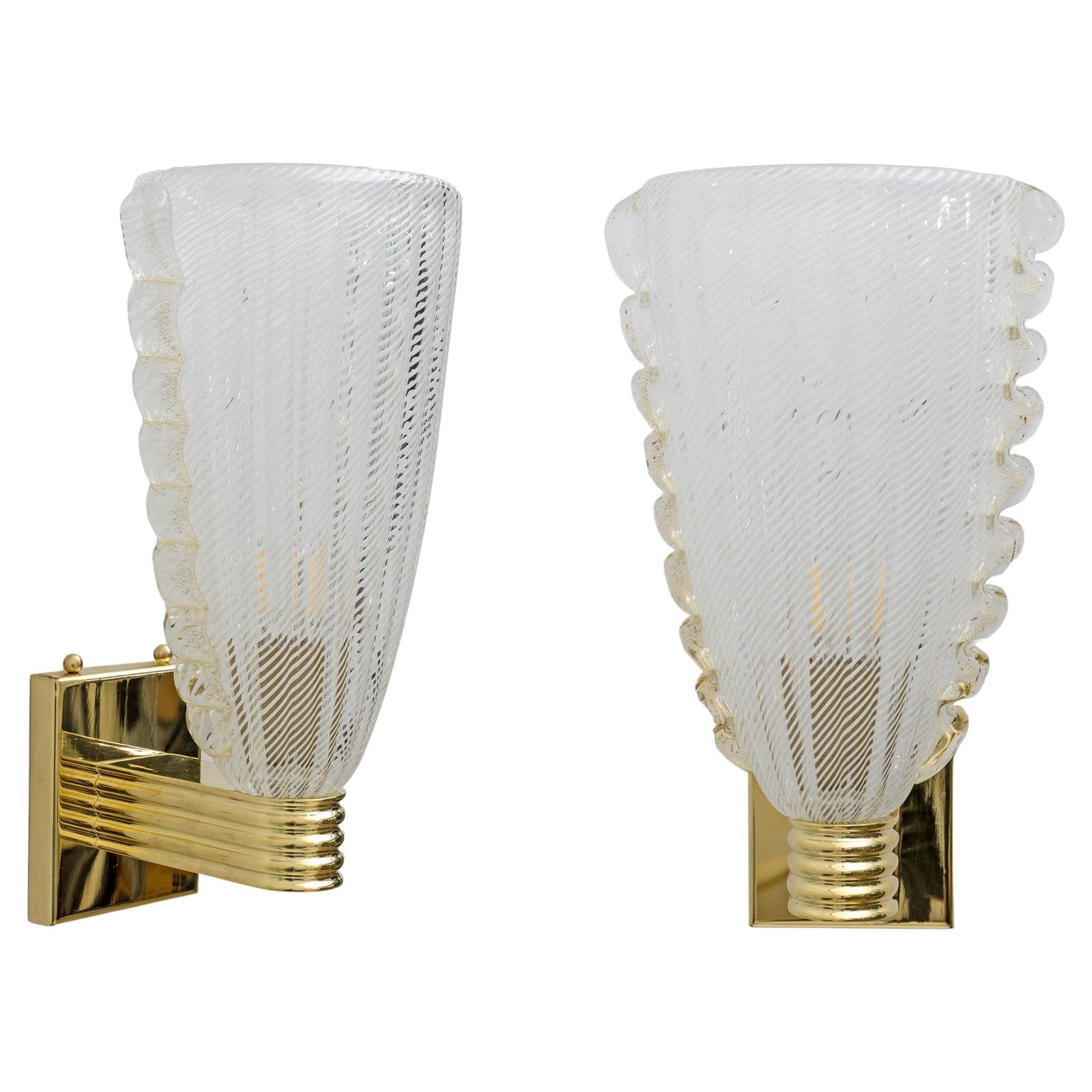 Attributed To Barovier & Toso Brass And "Reticello" Murano Glass Sconces