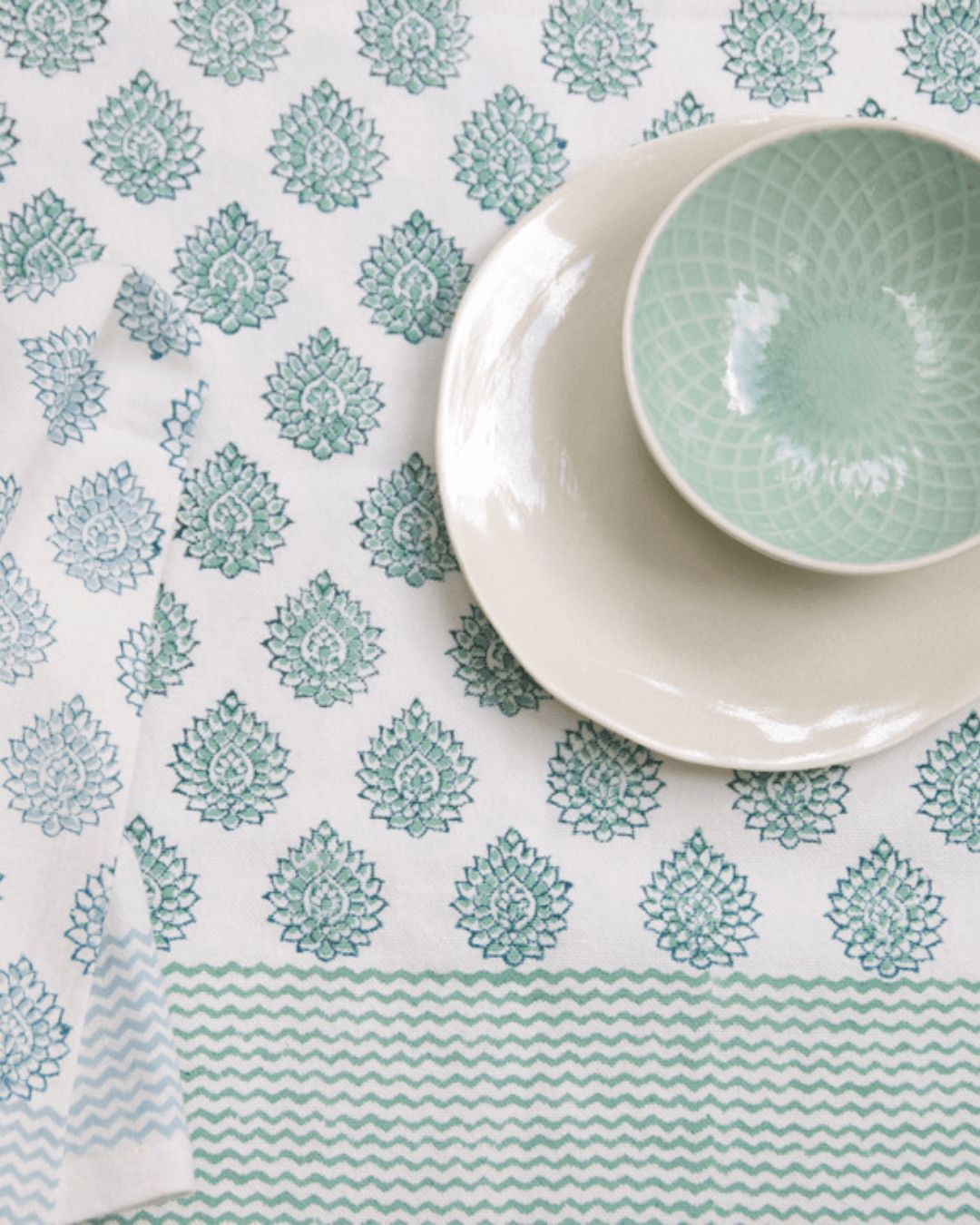 Green Lotus Hand Block Printed Cotton Tablecloth photo for sale