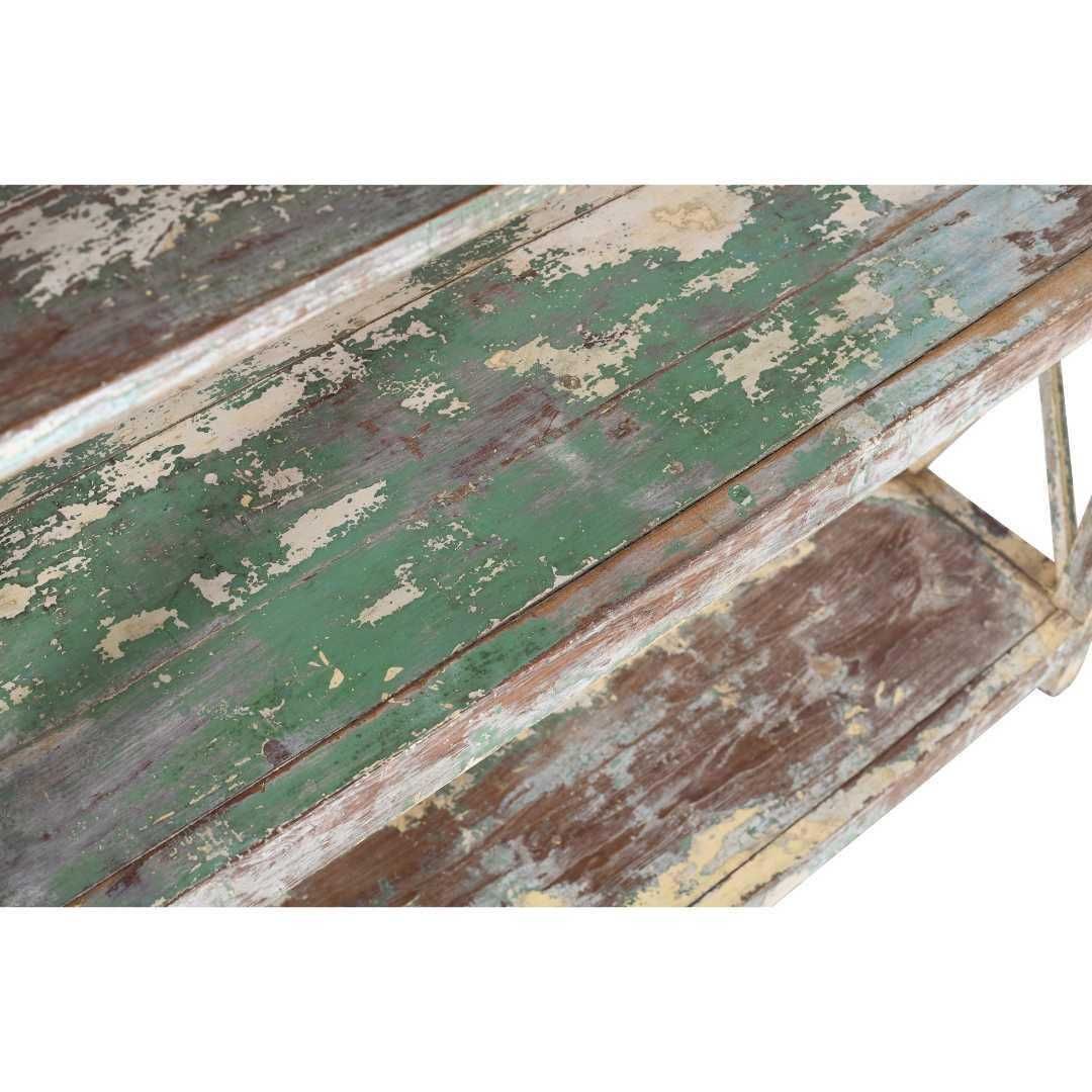 Antique Pistachio Patina Teak Kitchen Rack – Indian Industrial 4 Tier Pan Storage, C1900 photo Furniture