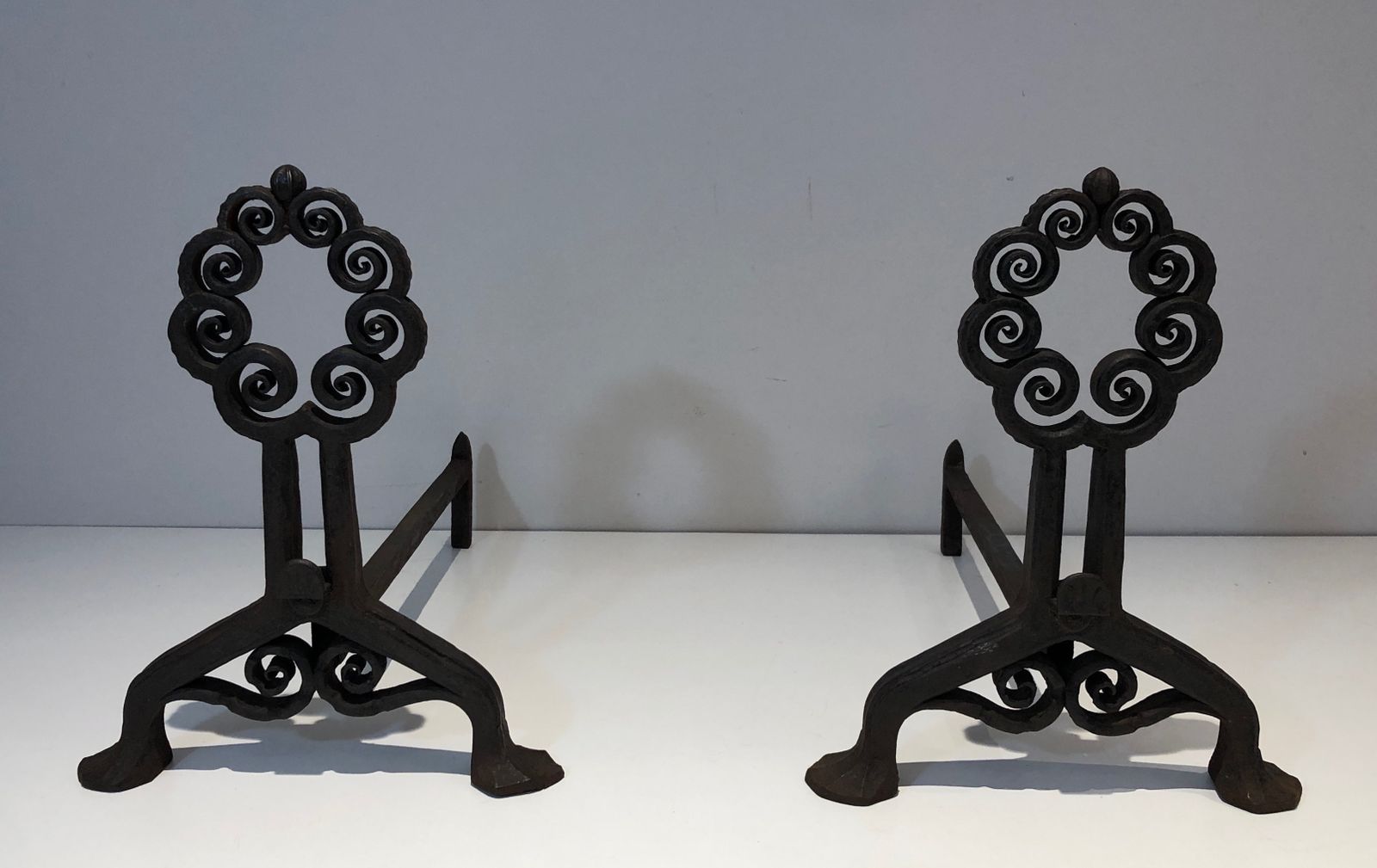 Pair Of Art Nouveau Hammered Wrought Iron Andirons Signed Wanner Geneva