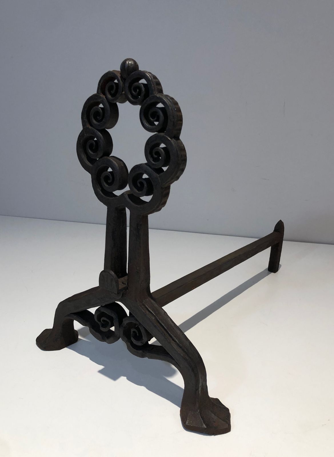 Pair Of Art Nouveau Hammered Wrought Iron Andirons Signed Wanner Geneva photo Home Fixtures
