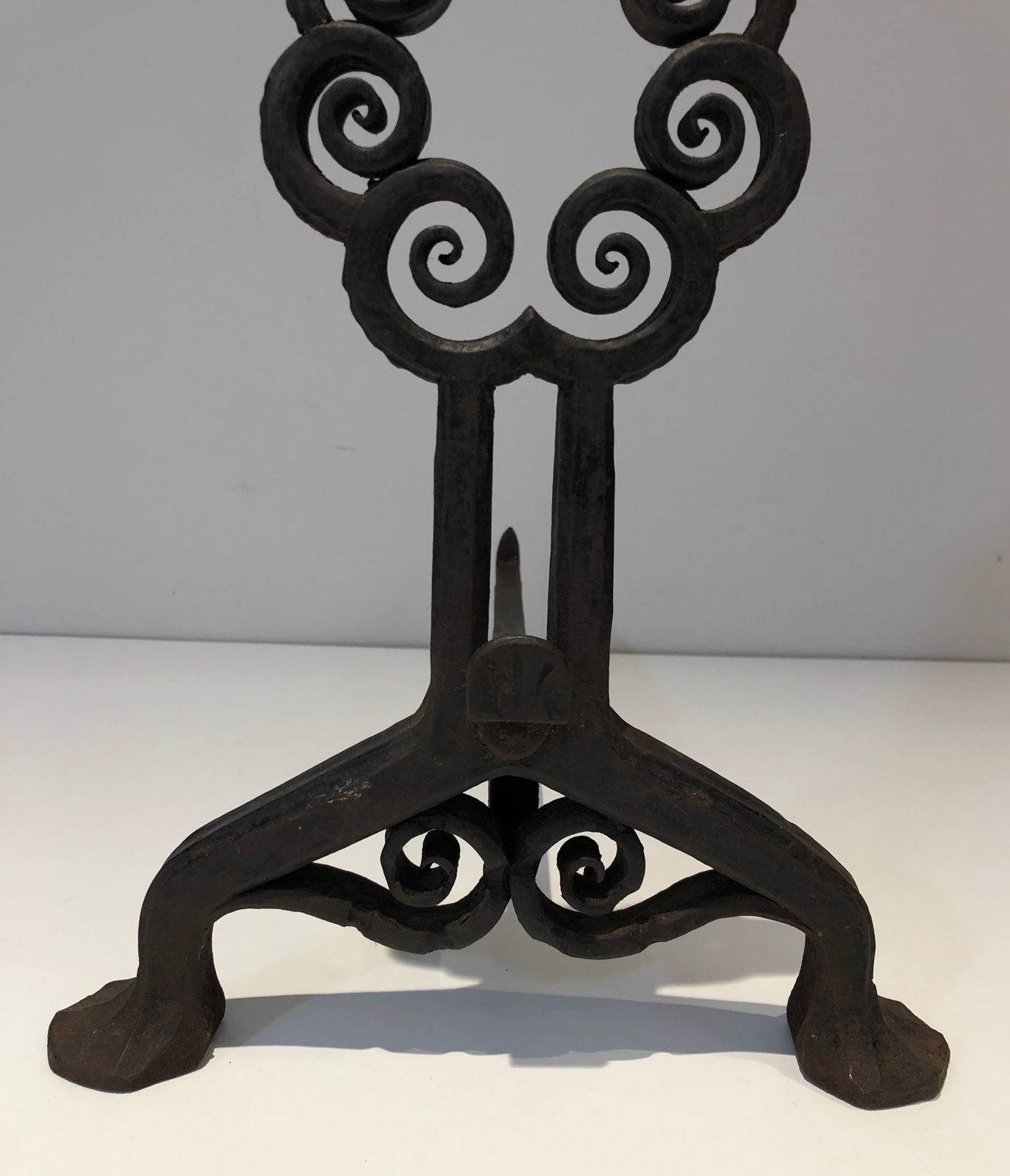 Pair Of Art Nouveau Hammered Wrought Iron Andirons Signed Wanner Geneva photo vintage