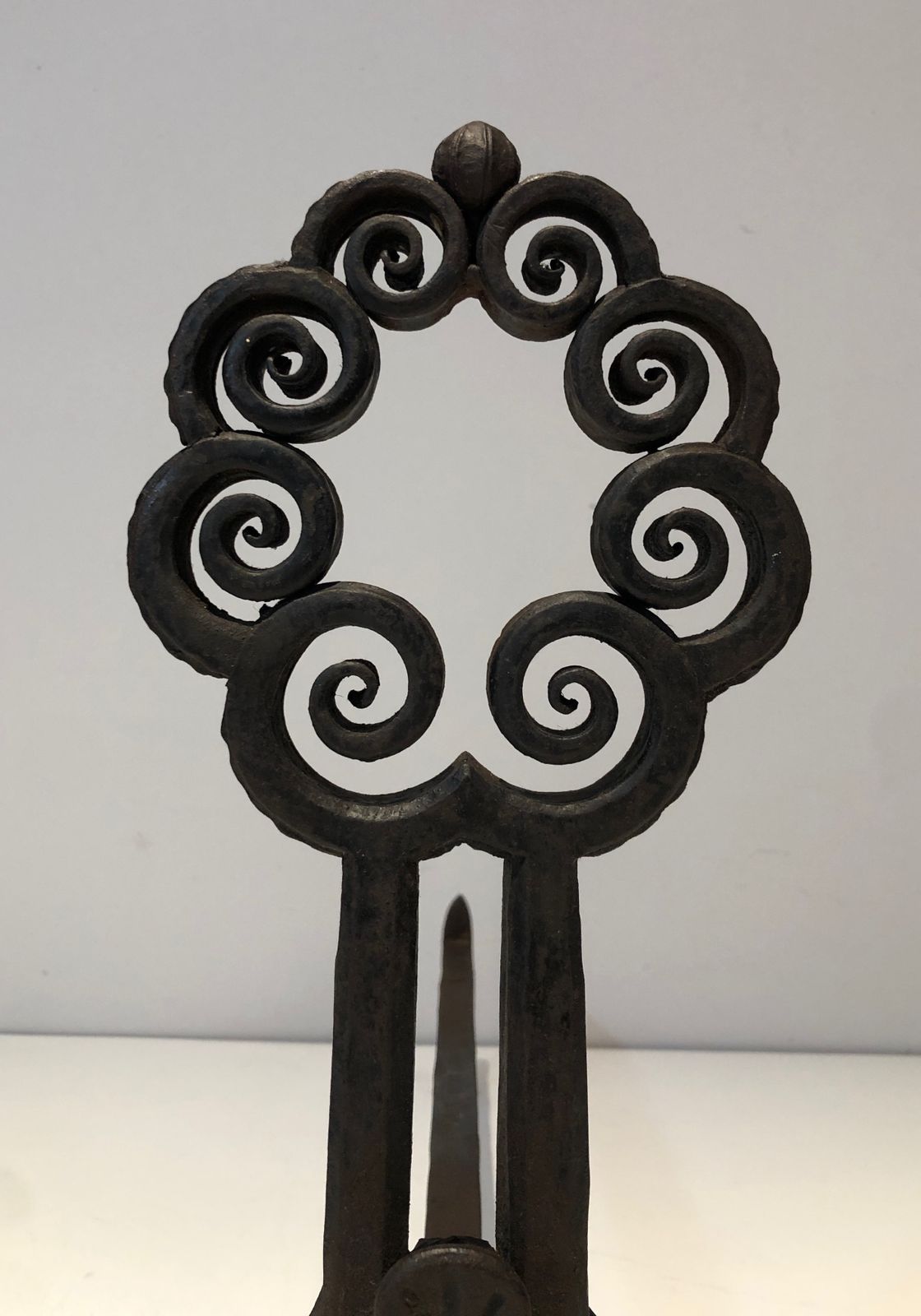 photo buy Pair Of Art Nouveau Hammered Wrought Iron Andirons Signed Wanner Geneva