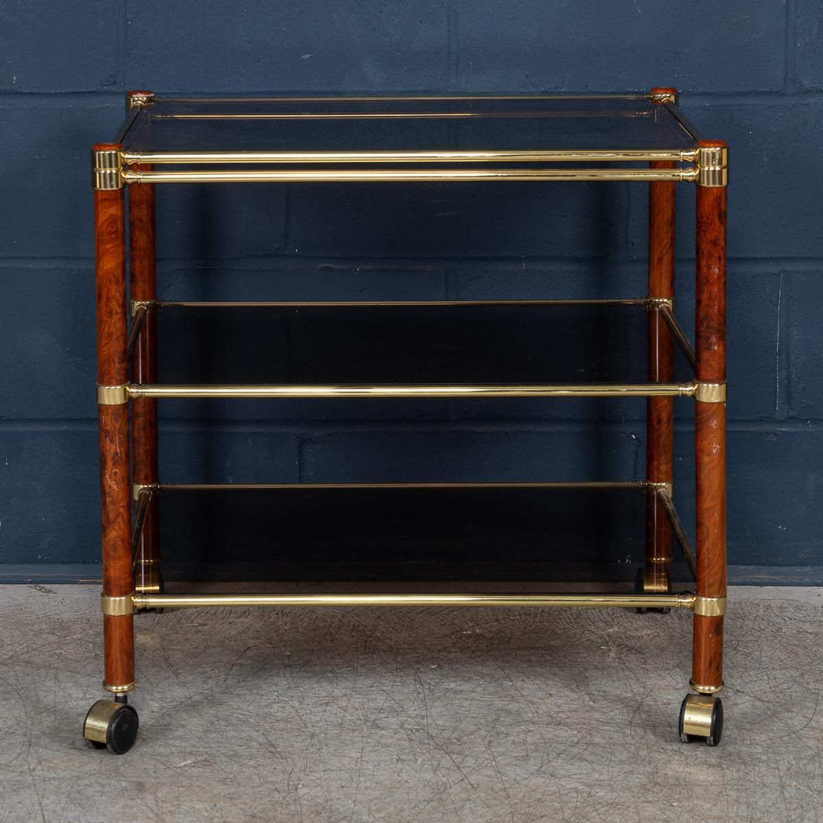 Vintage 20th Century Italian Brass & Smoked Glass Drinks Trolley C.1980 photo vinterior