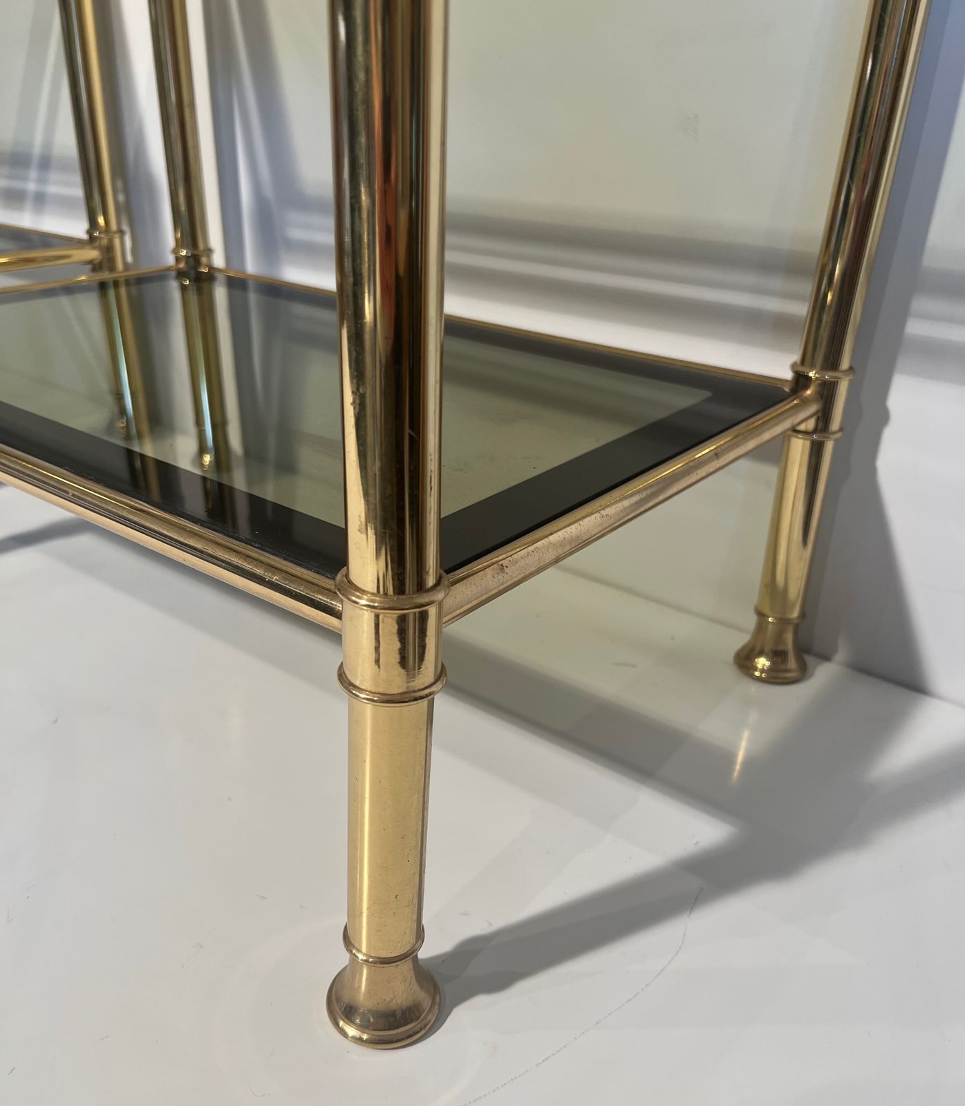 Pair Of Brass End Tables With Smoked Glass Trays. Circa 1970 photo vintage