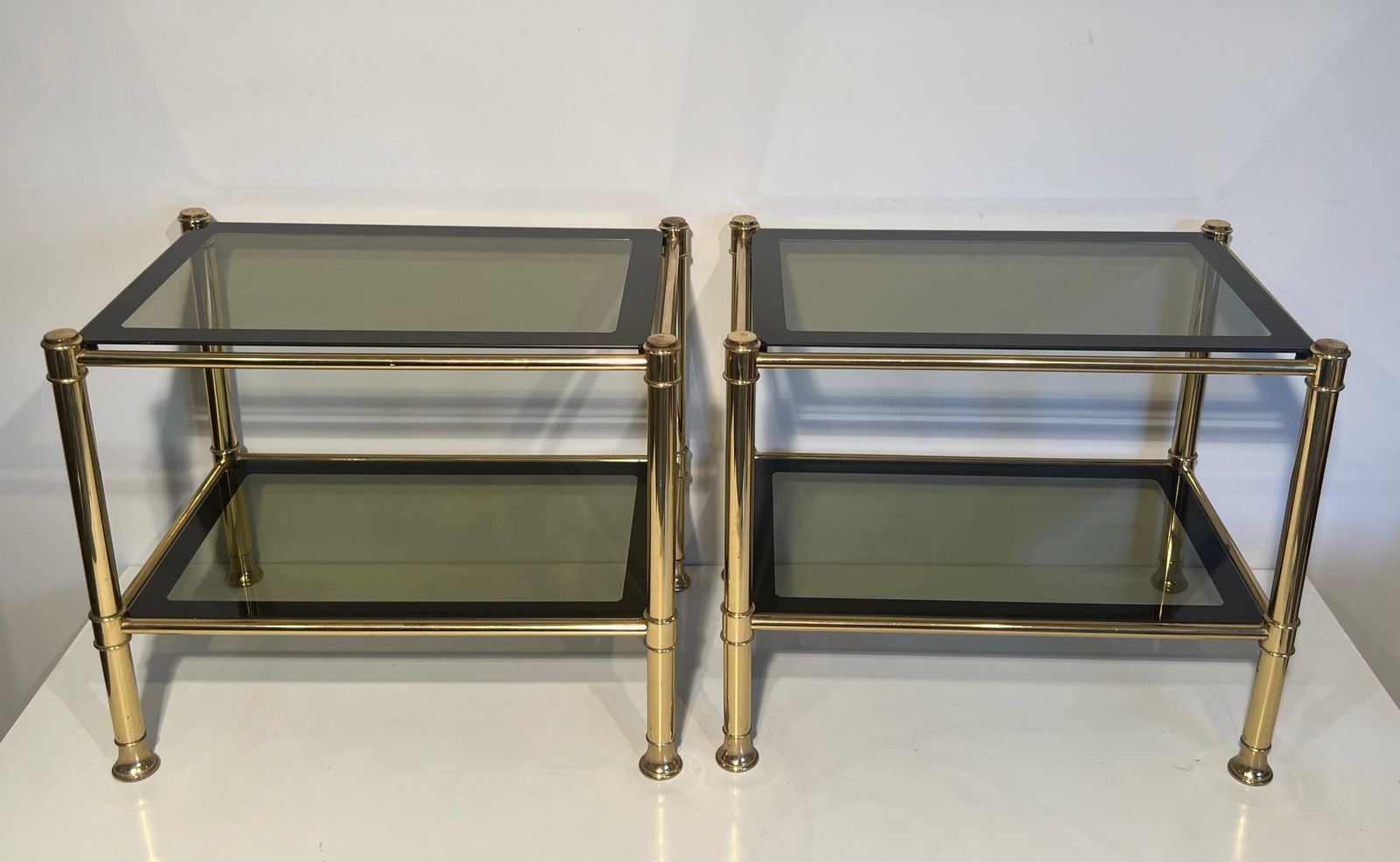 photo for sale Pair Of Brass End Tables With Smoked Glass Trays. Circa 1970