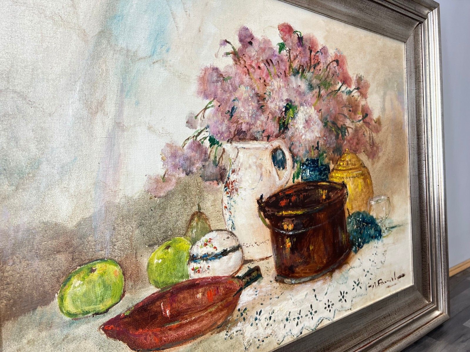 Signed Oil Painting Still Life Flowers Fruit Large Framed Artwork Lot 3821 photo buy
