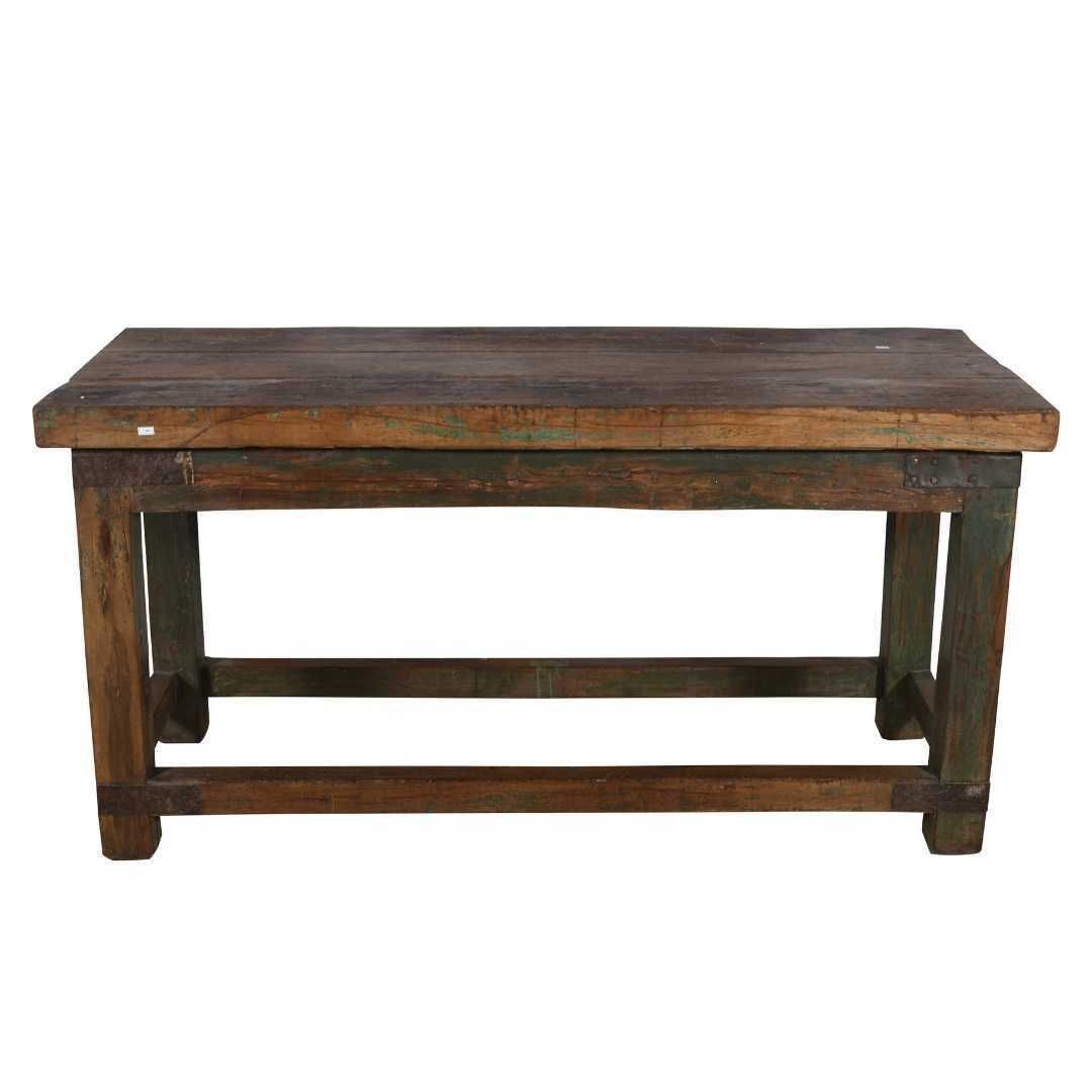 Antique Forest Green Teak Kitchen Table – Indian Industrial Work Bench, Gujarat C1880 photo furniture