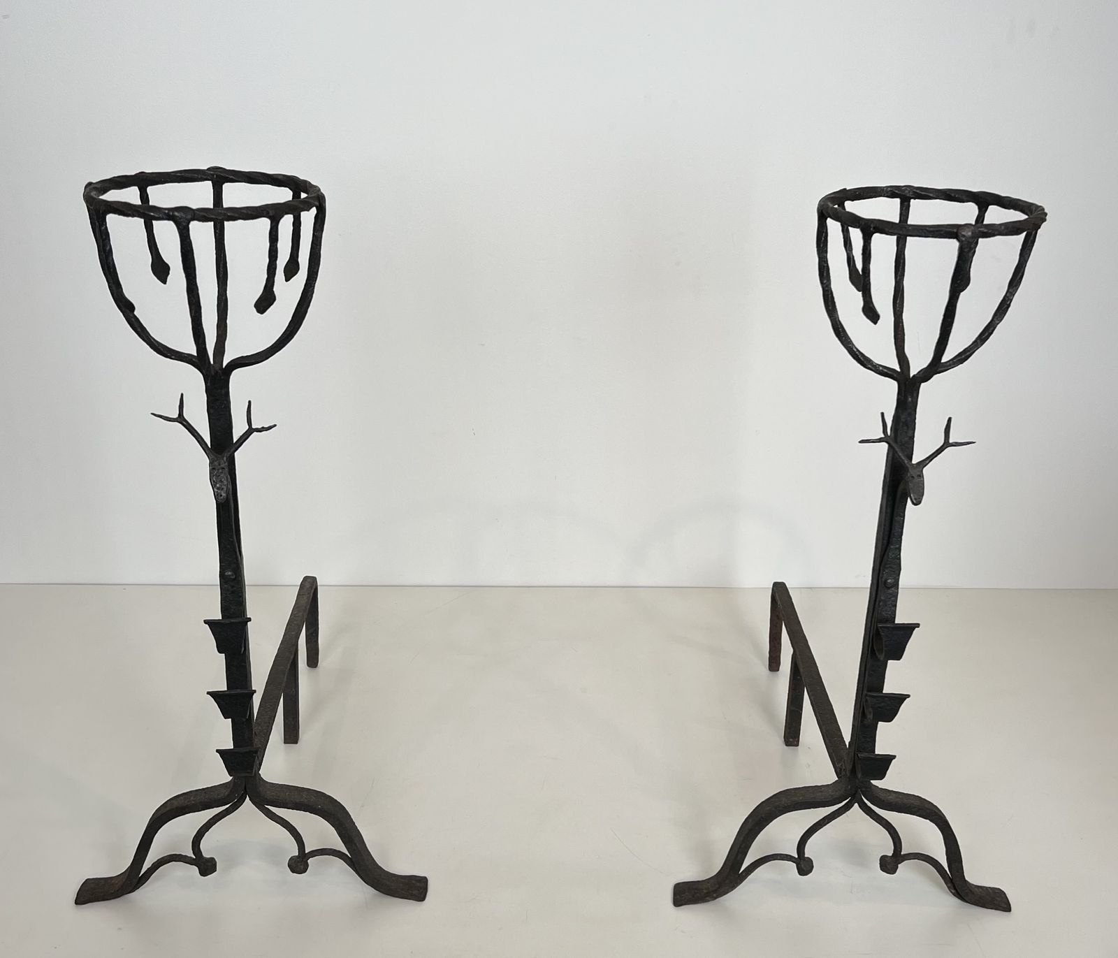 Important Pair Of Wrought Iron Andiers With Deer Heads photo for sale