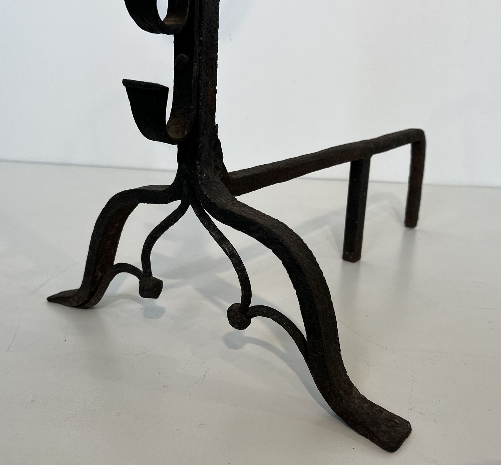 Home Fixtures Important Pair Of Wrought Iron Andiers With Deer Heads photo