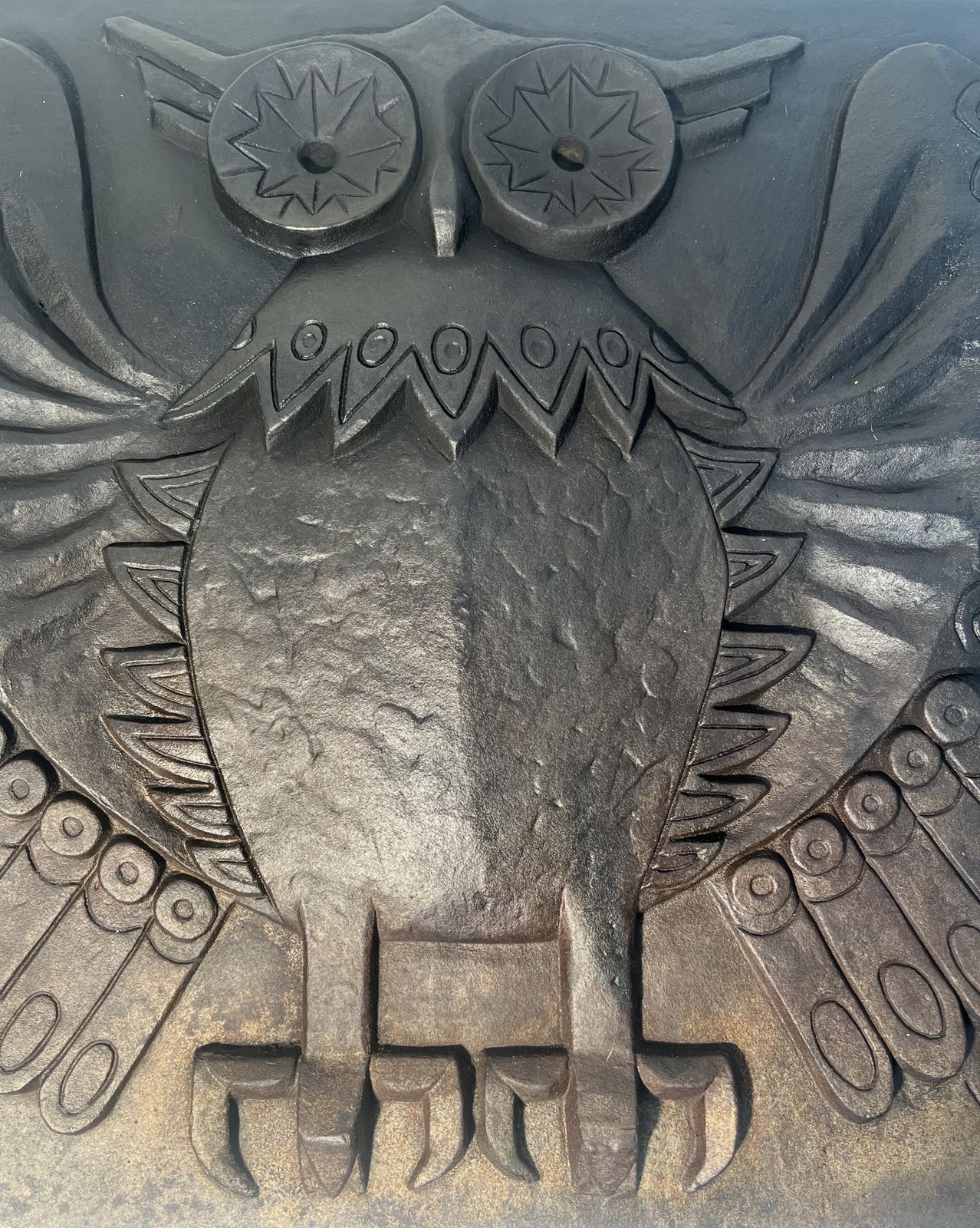Modernist Cast Iron Fireplace Plate Owl Model Signed Lucas photo vinterior