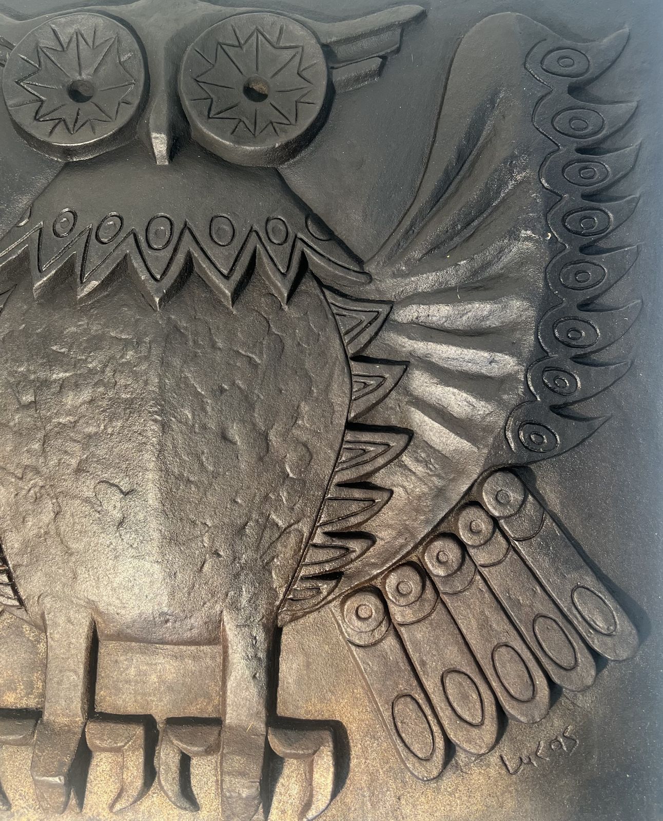 Modernist Cast Iron Fireplace Plate Owl Model Signed Lucas photo vintage