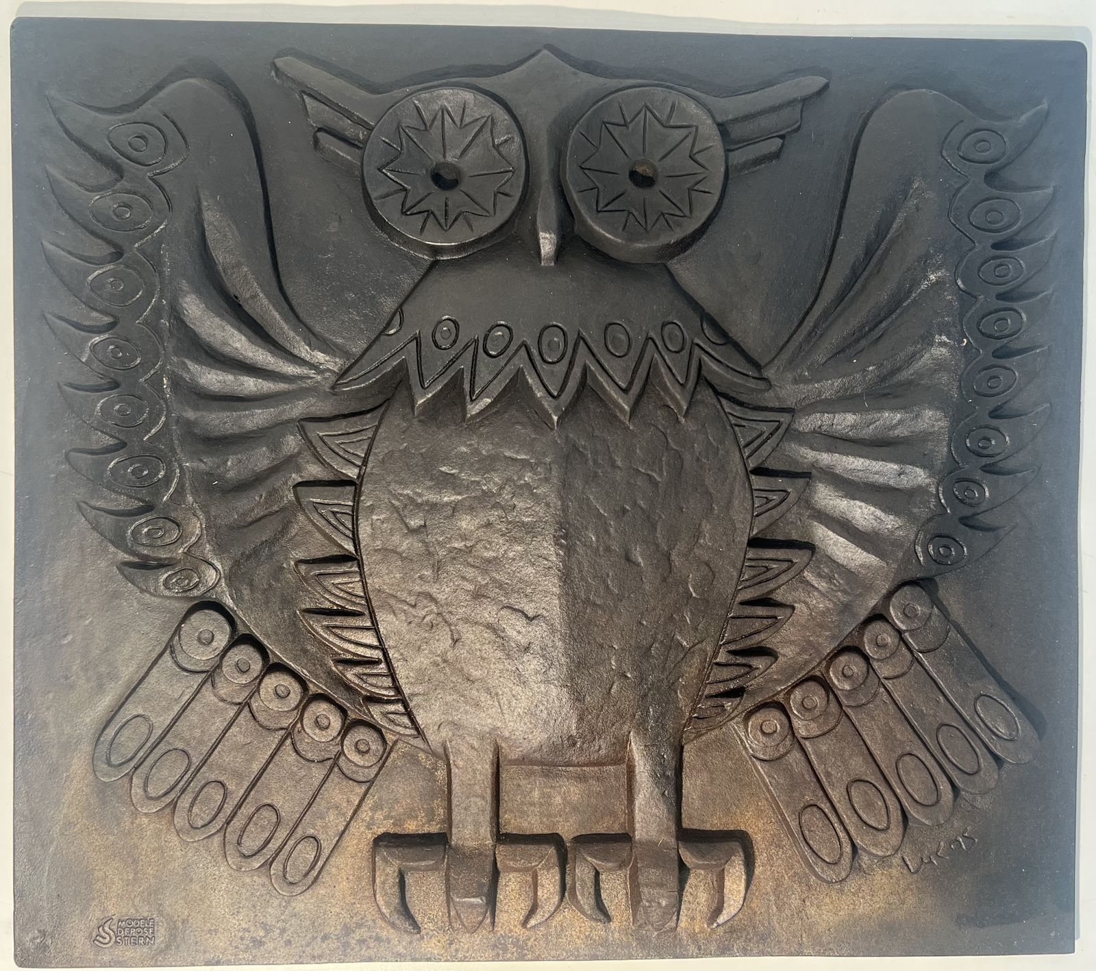 1950.0 Modernist Cast Iron Fireplace Plate Owl Model Signed Lucas photo