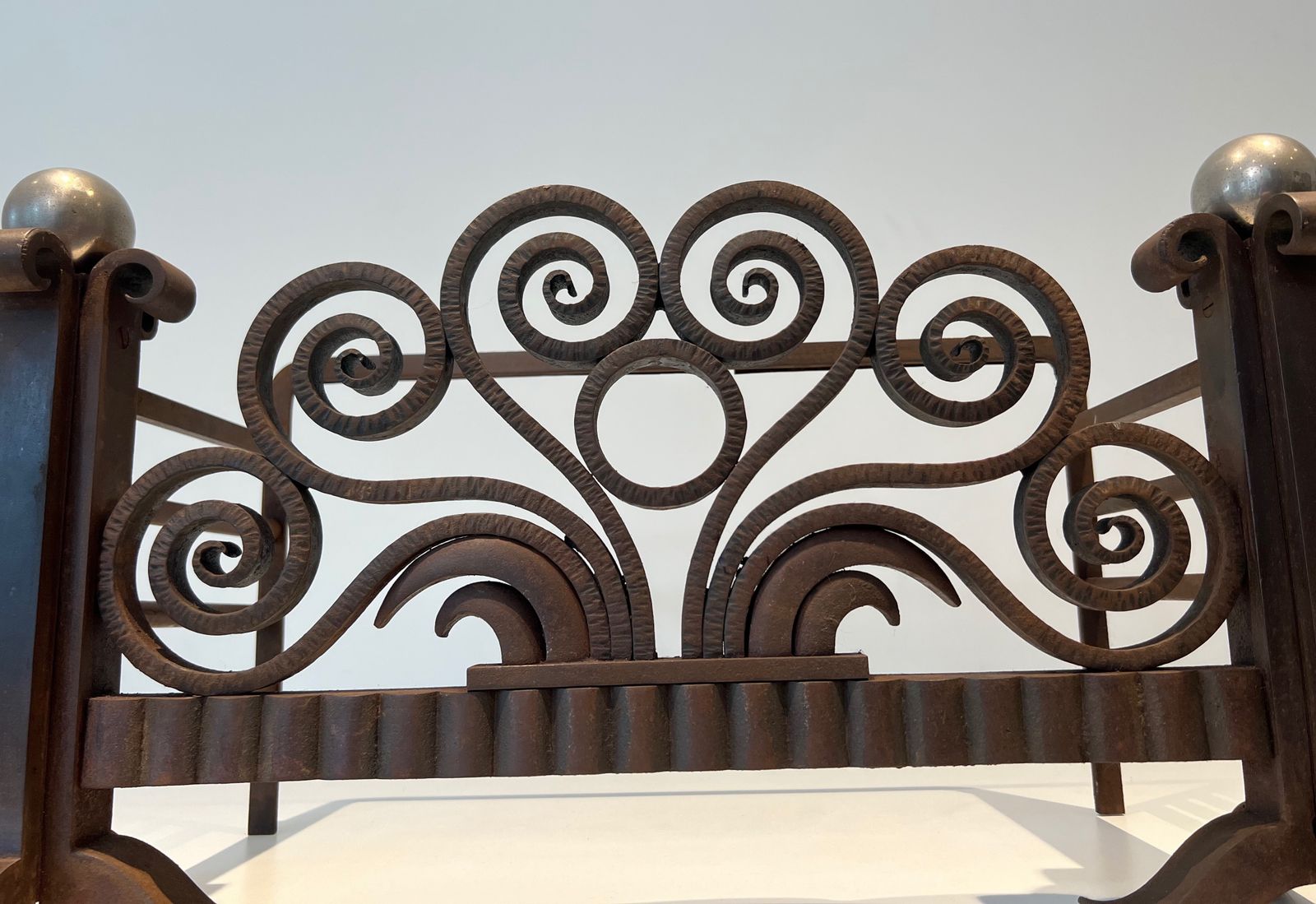 Log Basket Or Andirons In Hammered Wrought Iron And Chrome In The Style Of Edgar Brandt. Circa 1930 photo for sale