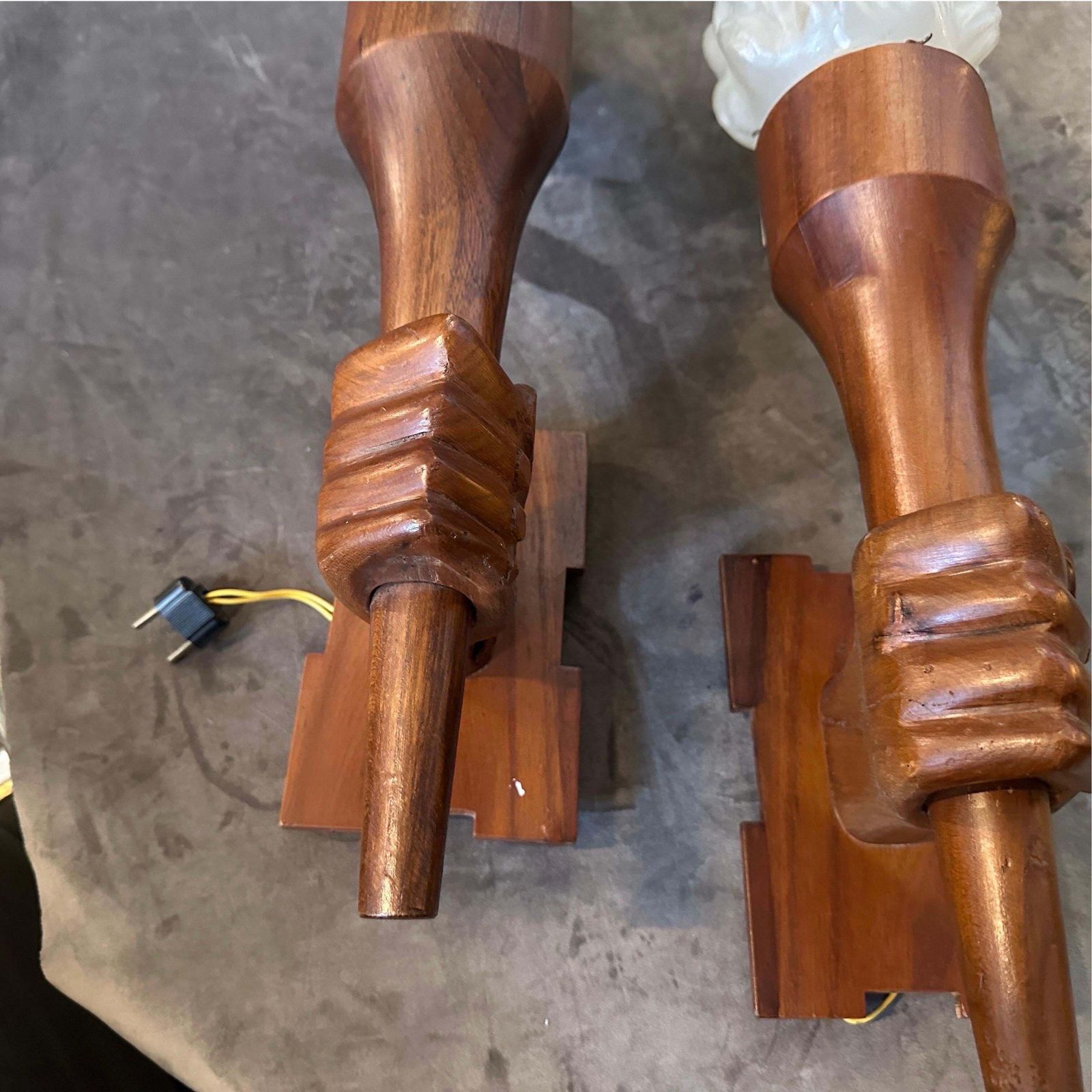 Set Of Two 1940s Art Deco Wood And Glass Italian Wall Sconces photo vinterior