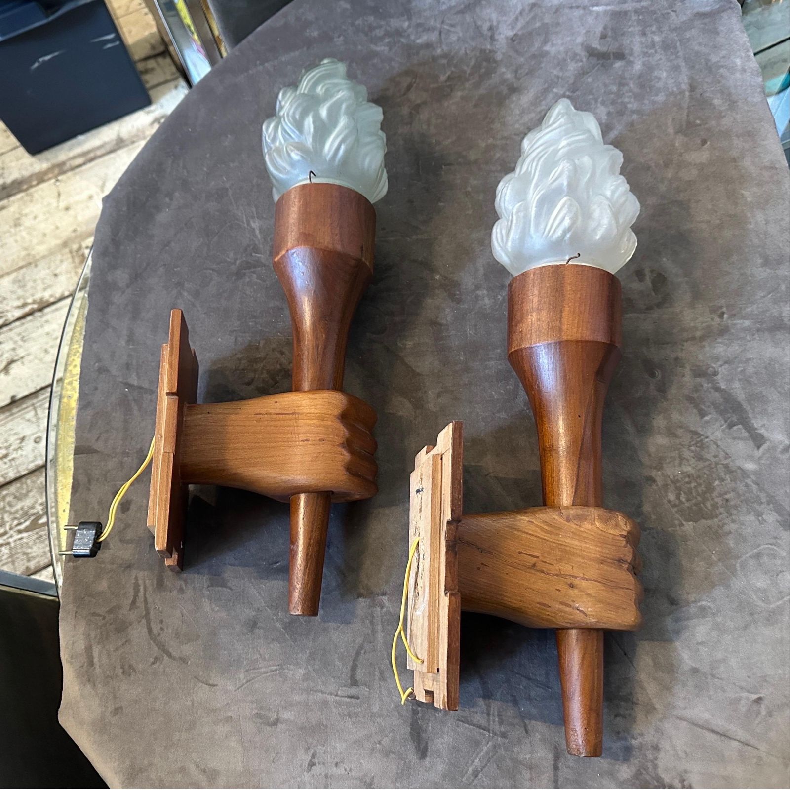 photo buy Set Of Two 1940s Art Deco Wood And Glass Italian Wall Sconces