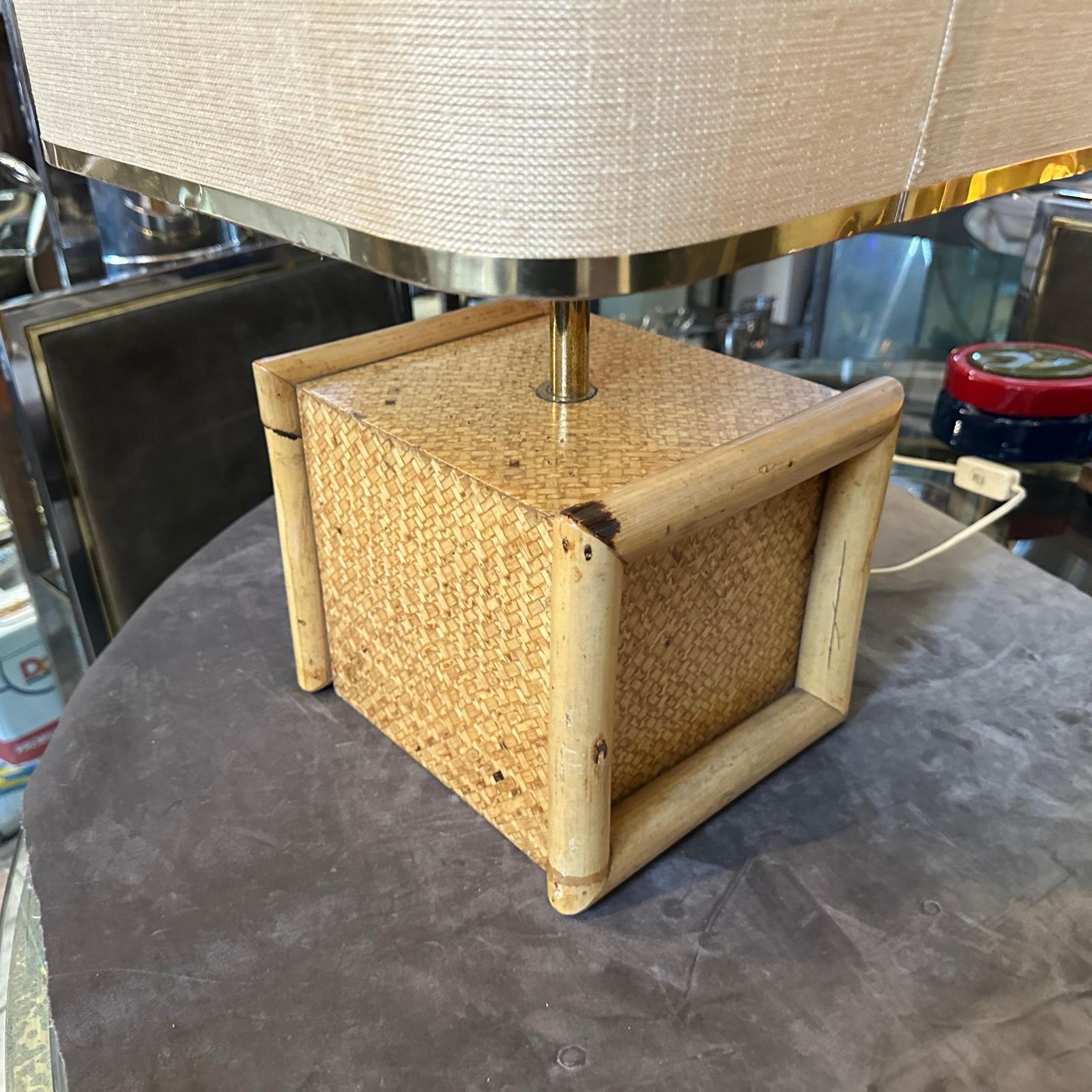 Lighting 1970s Gio Batta Mid Century Modern Bamboo And Brass Italian Square Table Lamp photo