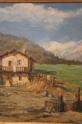Italian Artist, Mountain Valley Landscape, Oil Painting On Plywood, Framed photo Art