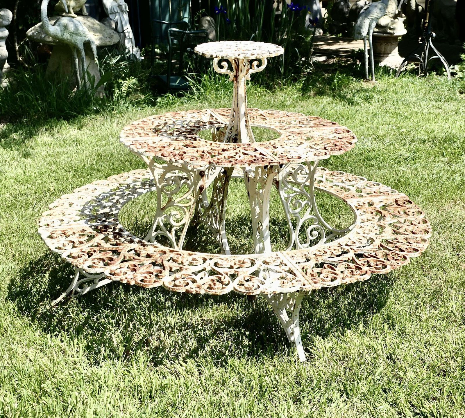 Round 3 Tier Weathered Cast Iron Plant Stand. photo for sale