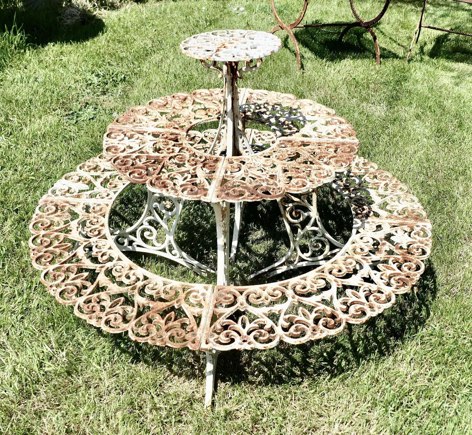 Round 3 Tier Weathered Cast Iron Plant Stand. photo Garden Decor
