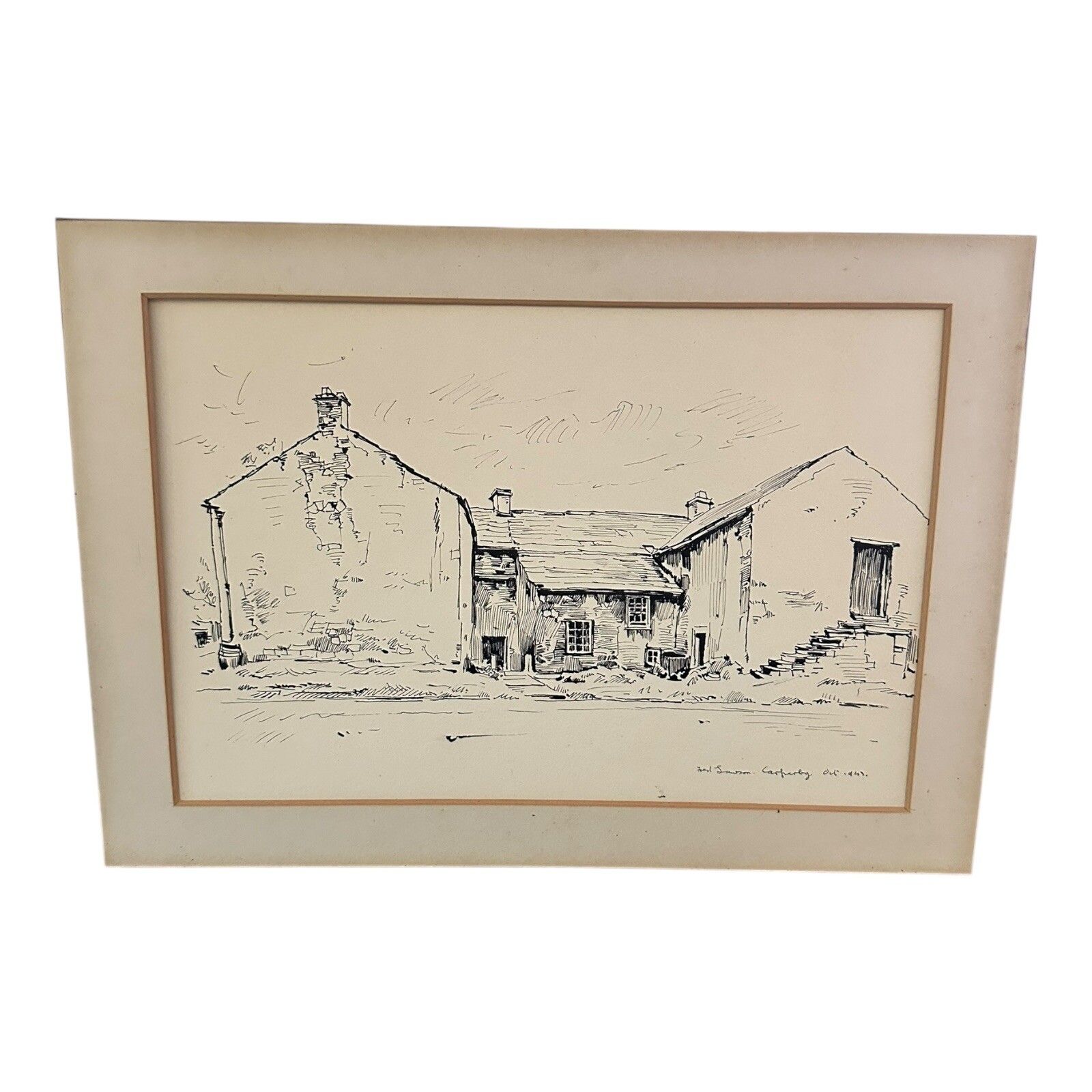 Fred Lawson Pencil & Ink Drawing Yorkshire Signed Dated 1943 photo furniture